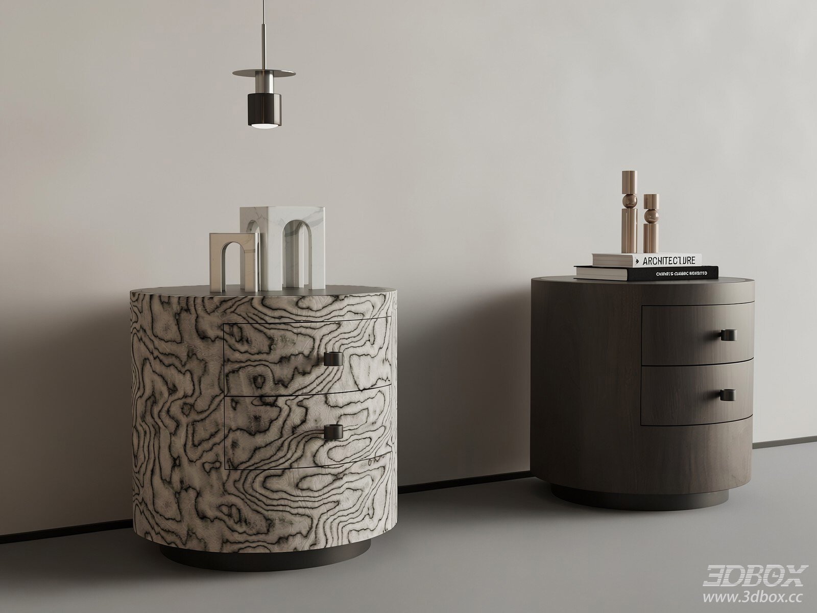 Modern Italian Style Round Nightstand Set 3D model - front view