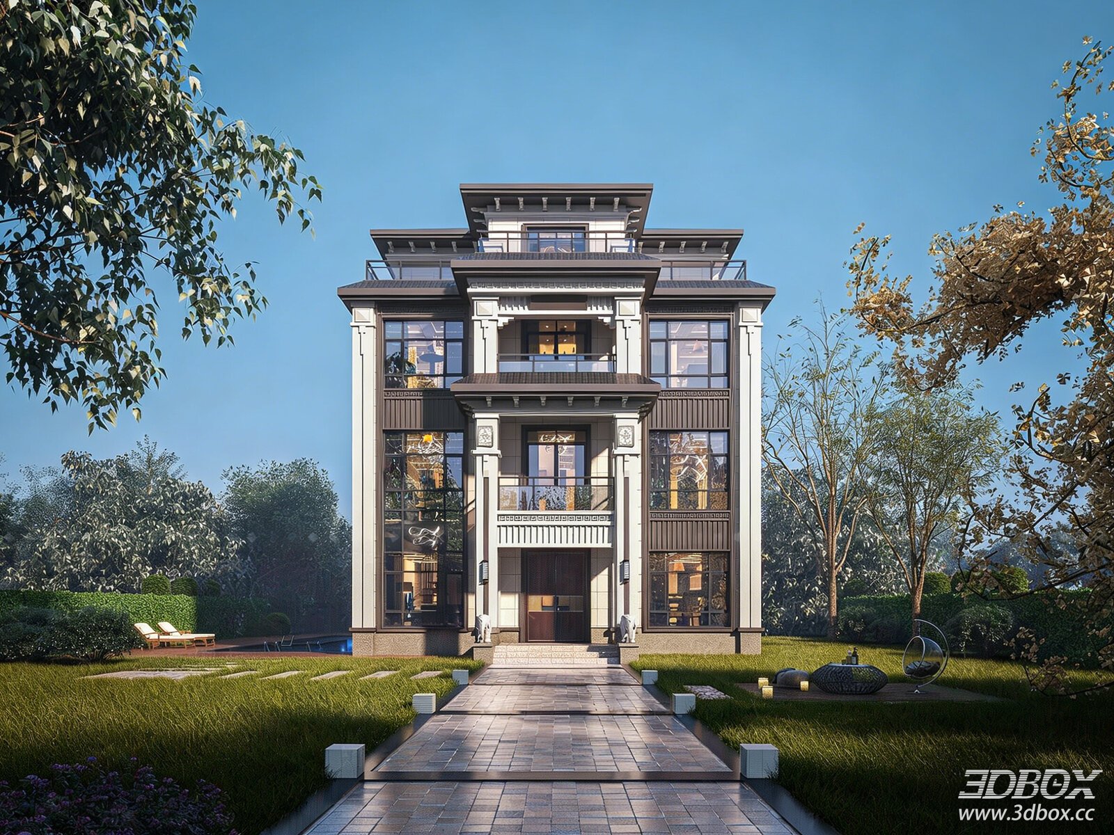New Chinese Style Detached Villa Exterior Scene 3D model - front view