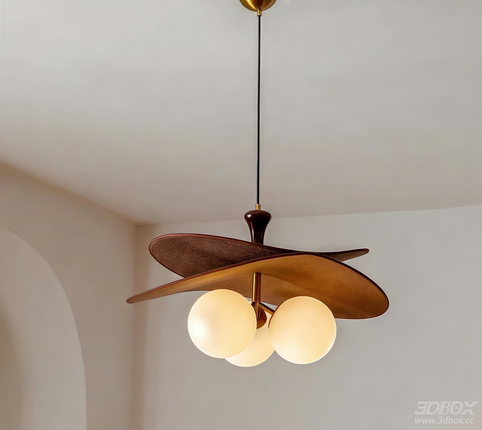 Mid Century Modern Wooden Brass Ceiling Pendant Lamp 3D model - front view