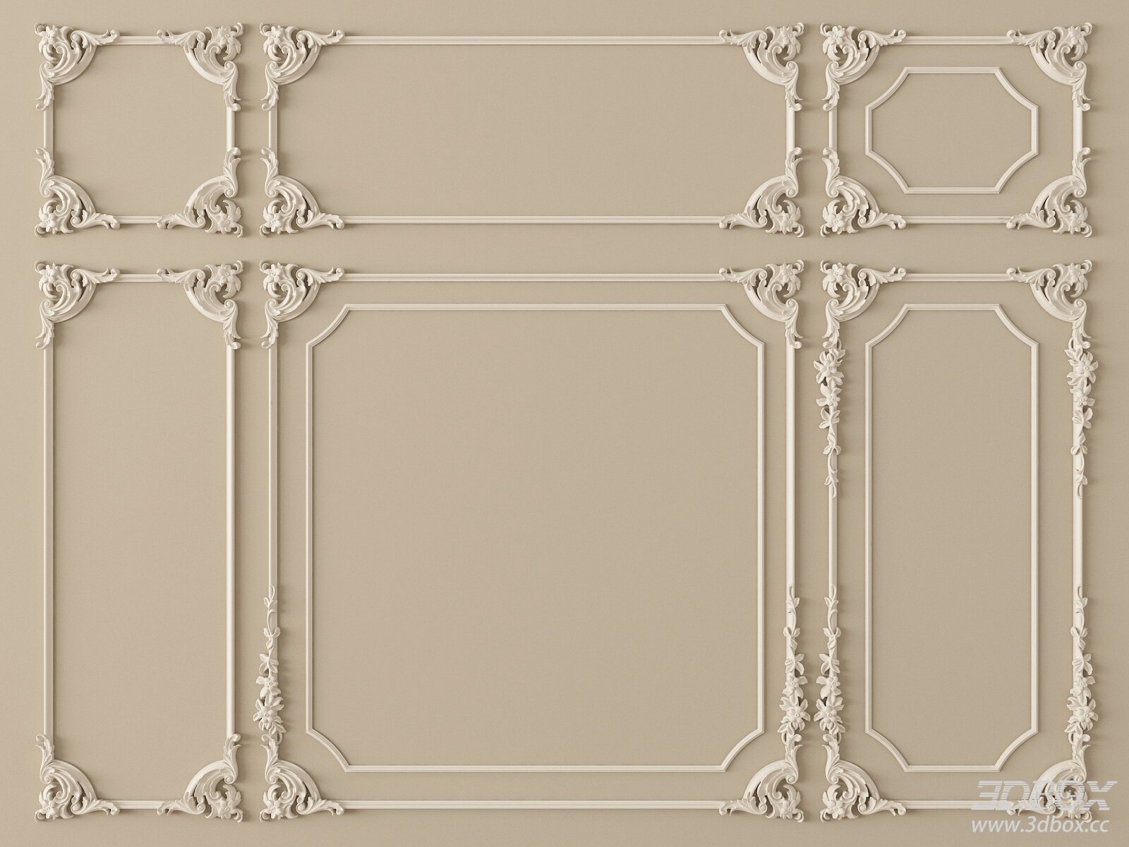 French Style Ornate Gypsum Plaster Molding Frames 3D model - front view