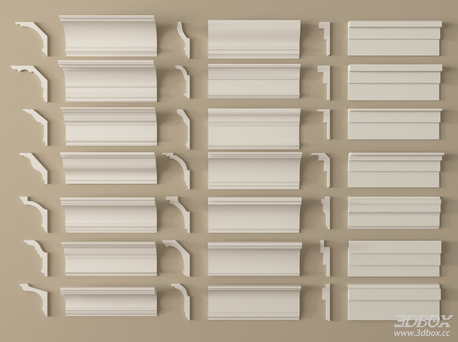 French Style Decorative Plaster Cornice Moulding Set 3D model - front view