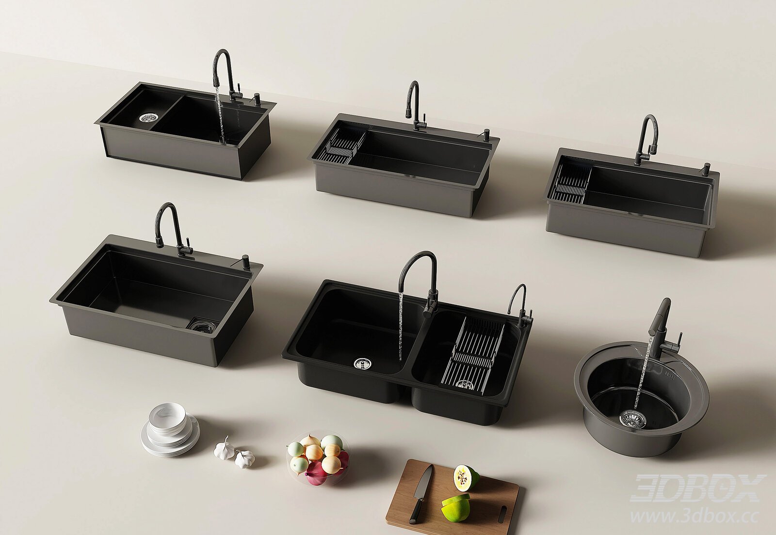 Modern Black Kitchen Sink Set with Faucets 3D model - thumbnail 1