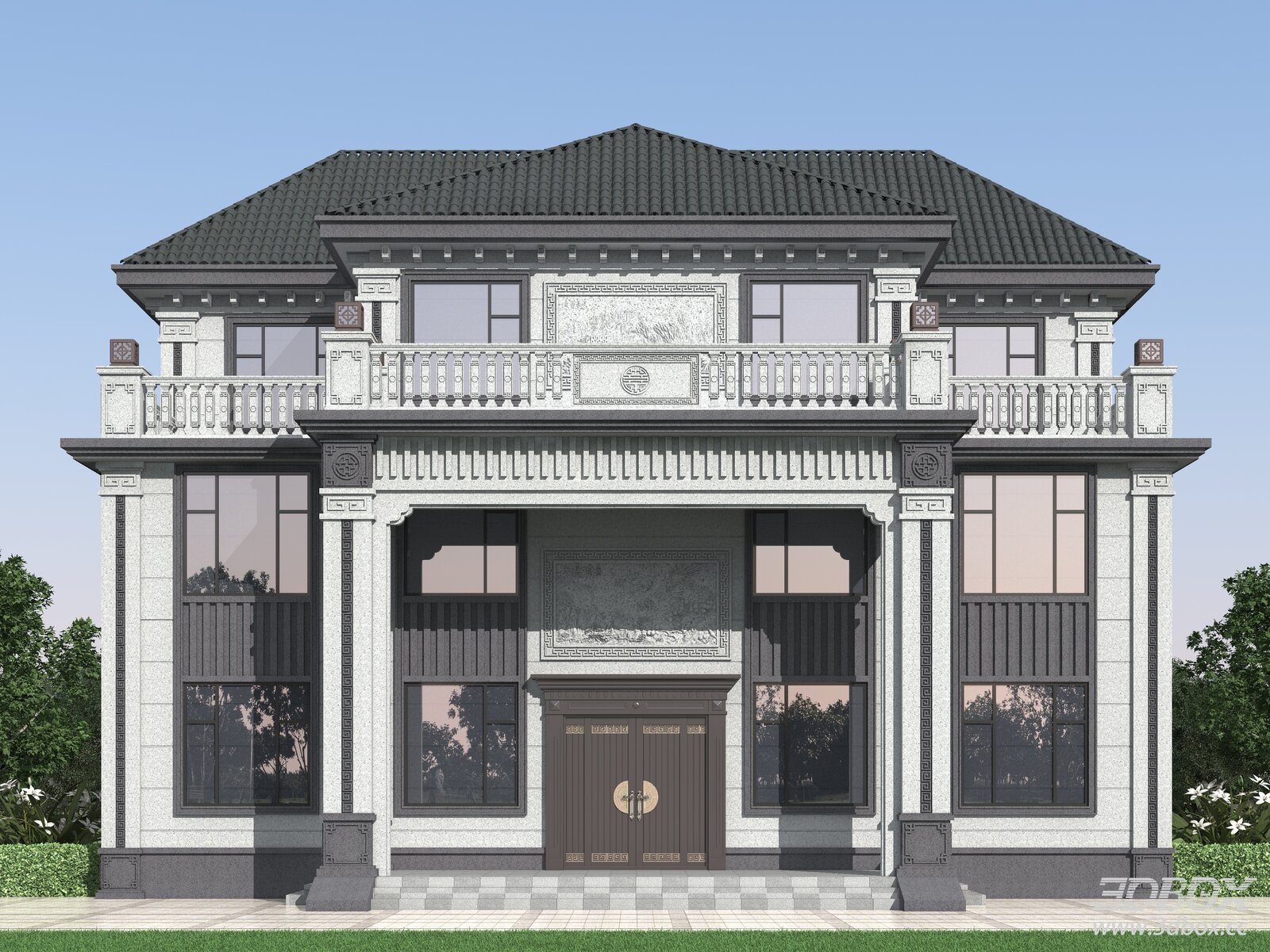 New Chinese Style Luxury Villa Exterior Facade 3D model - front view