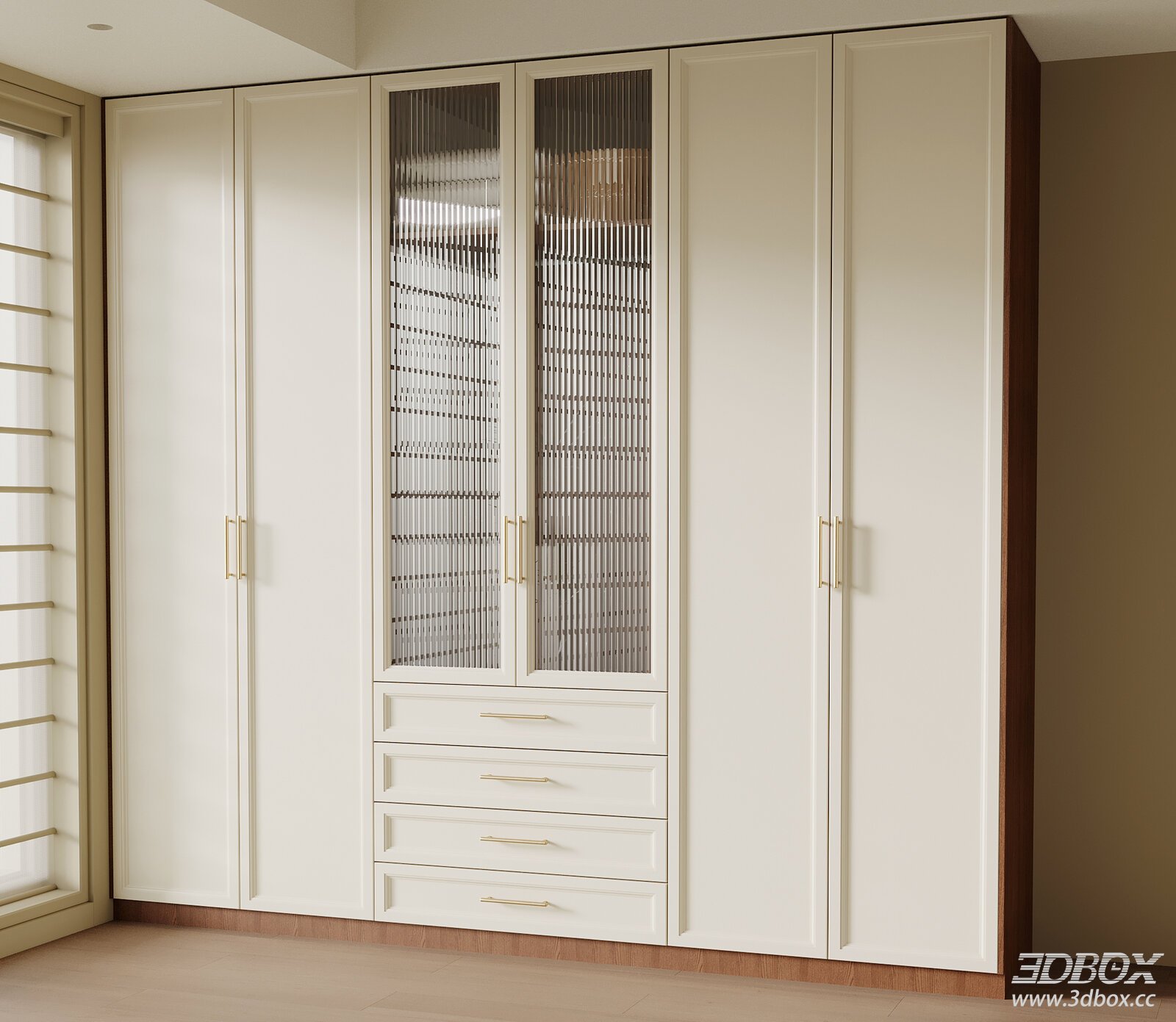 Mid Century Modern Cream White Built-in Wardrobe 3D model - front view