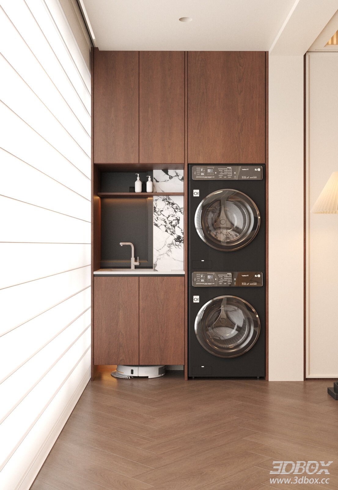 Mid Century Modern Laundry Balcony with Built-in Cabinet and Washers 3D model - front view