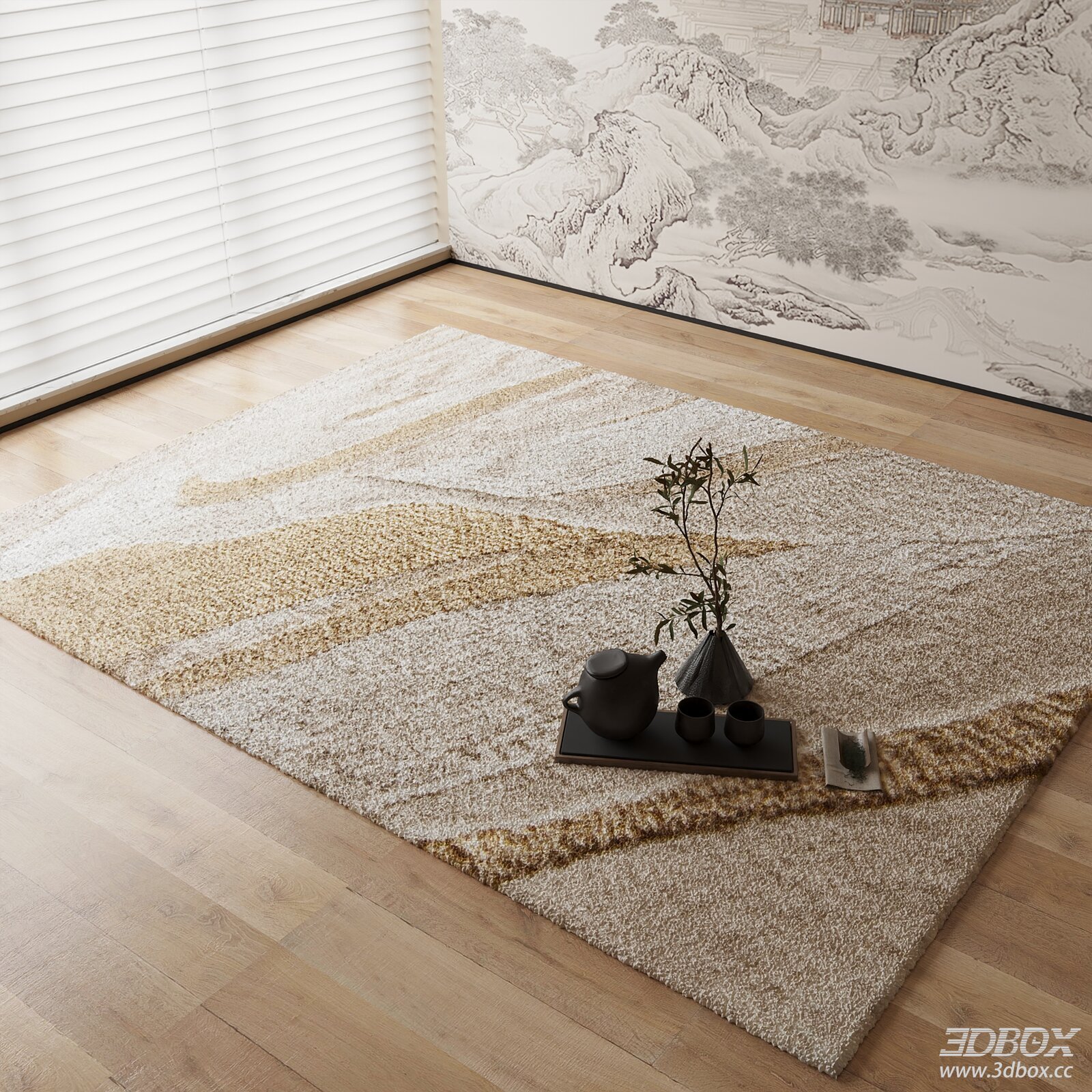 New Chinese Style Abstract Beige Gold Carpet 3D model - front view