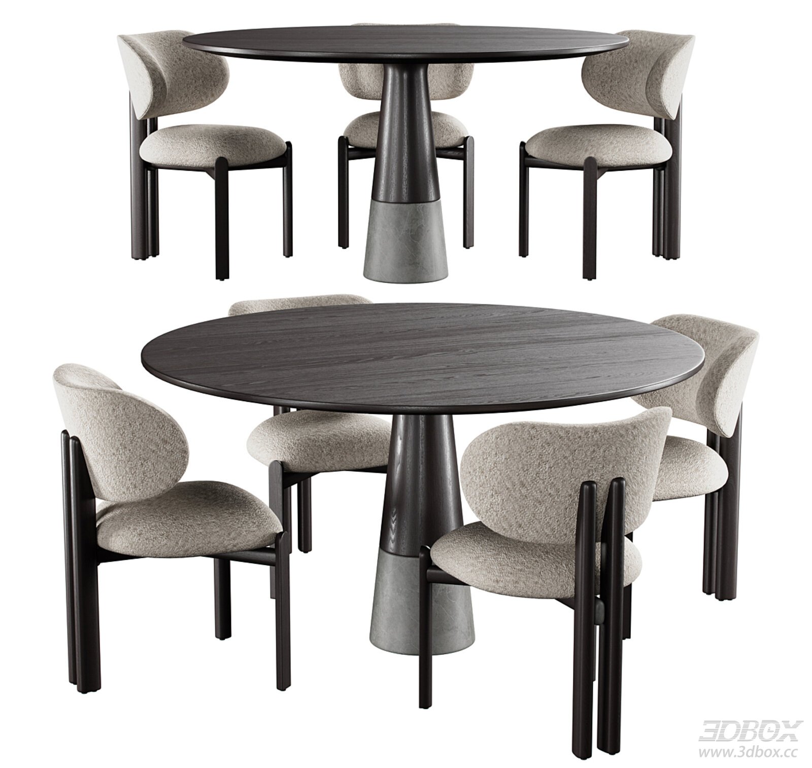 Mid Century Round Wooden Dining Table and Fabric Chair Set 3D model - front view