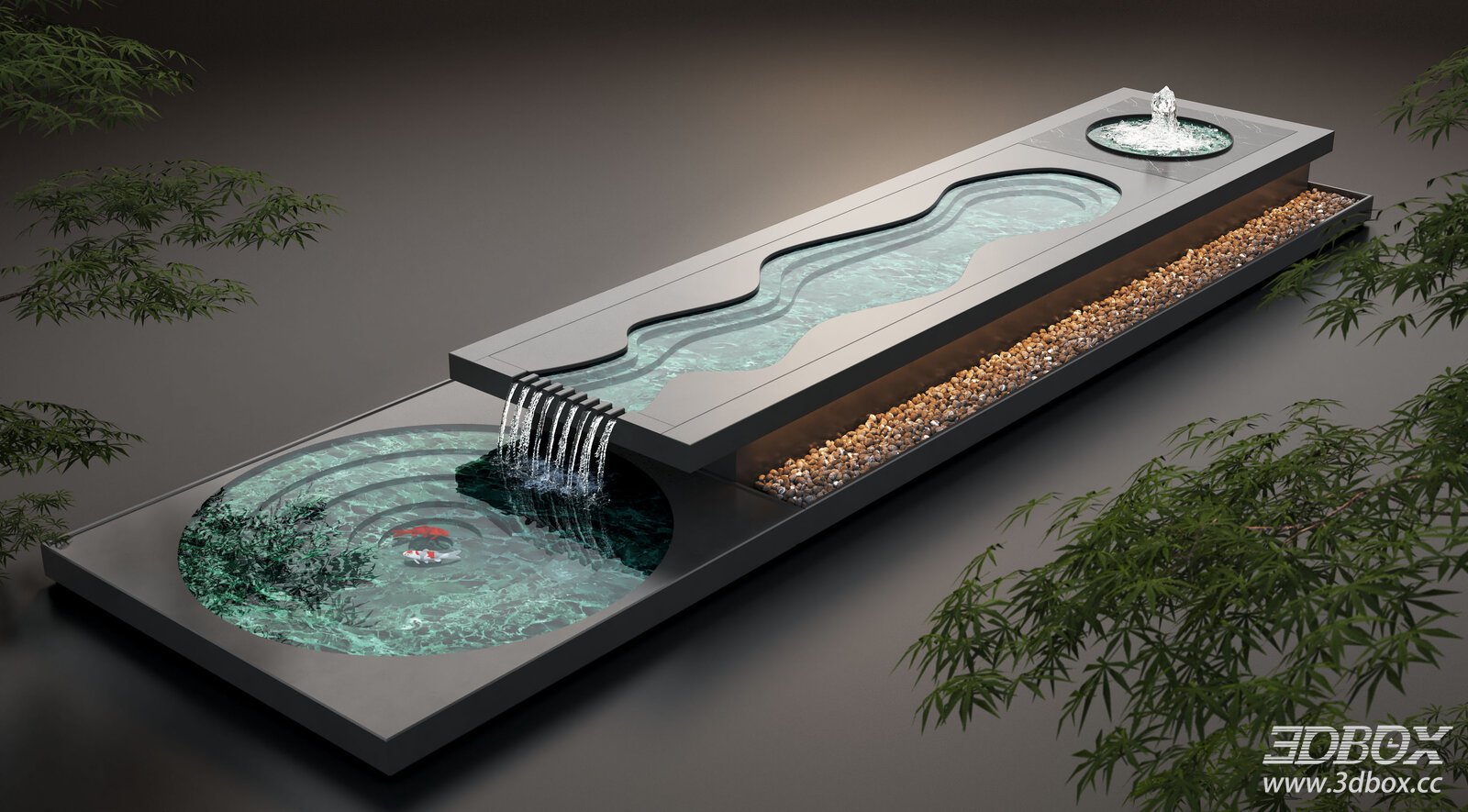 Modern Courtyard Water Feature Koi Pond Fountain 3D model - front view