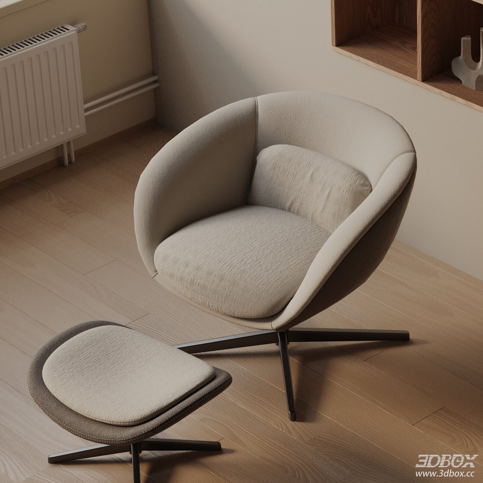 Modern Fabric Swivel Armchair with Footstool 3D model - front view