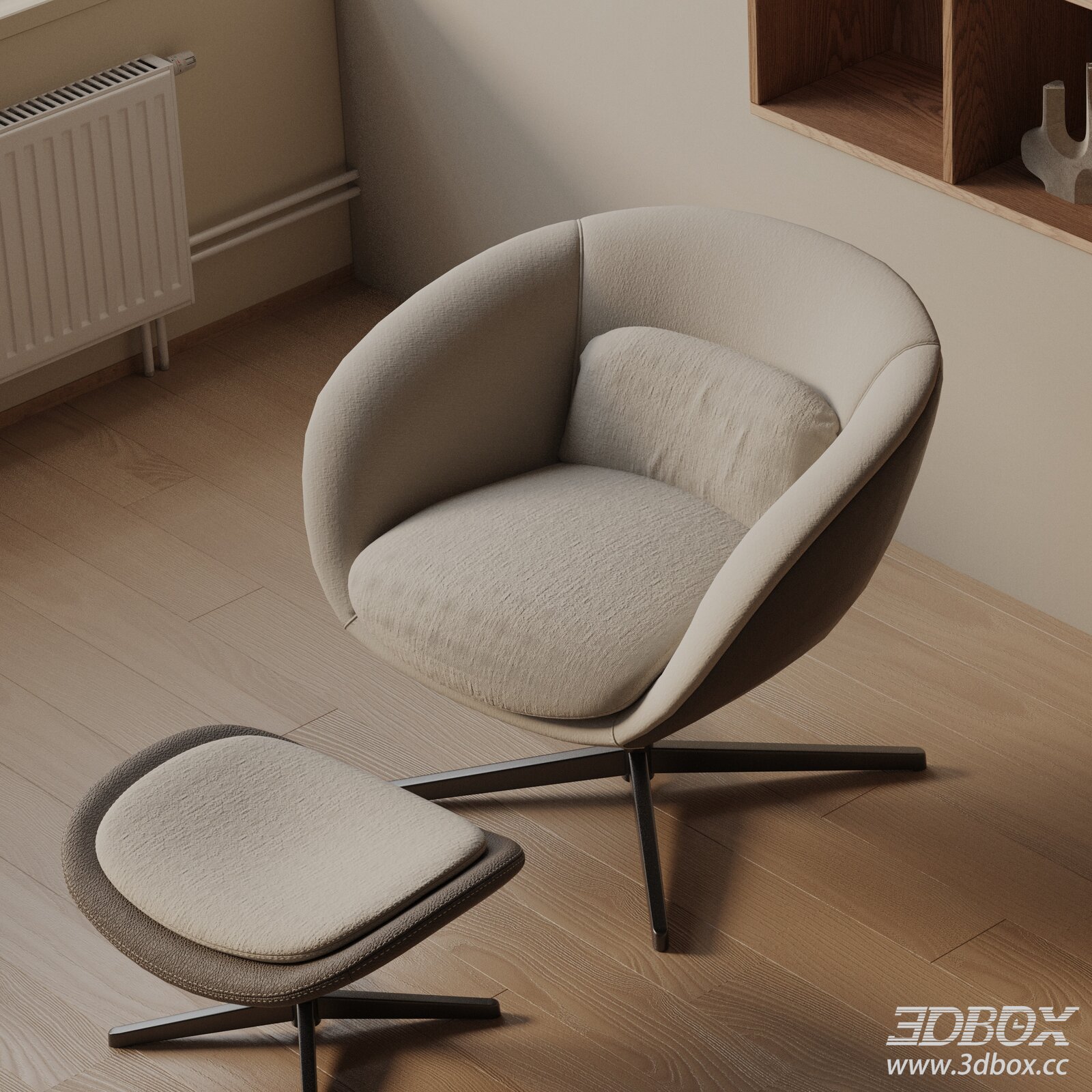 Modern Fabric Swivel Armchair with Footstool 3D model - thumbnail 1