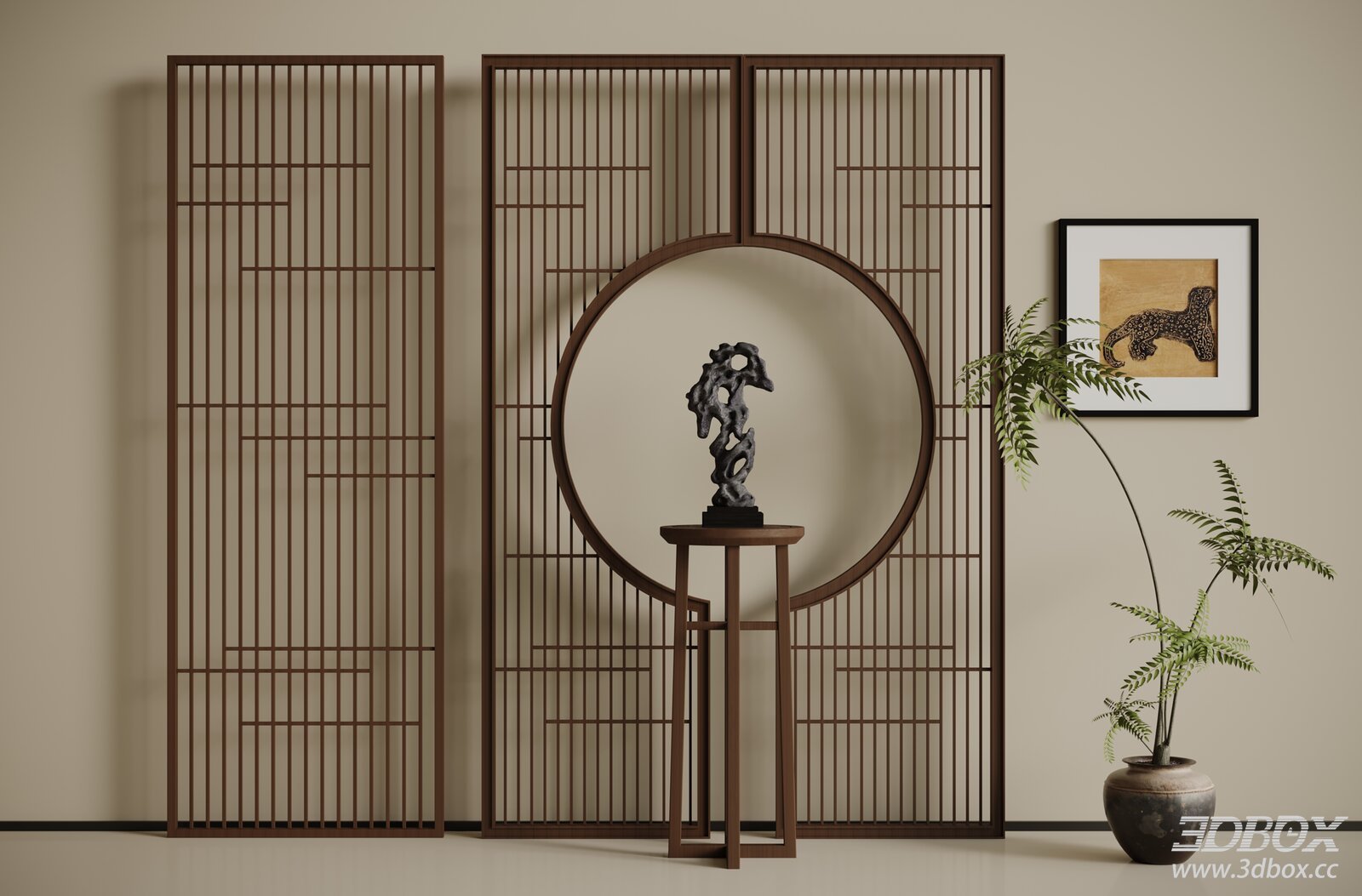 New Chinese Style Wooden Partition Screen Decor Set 3D model - front view