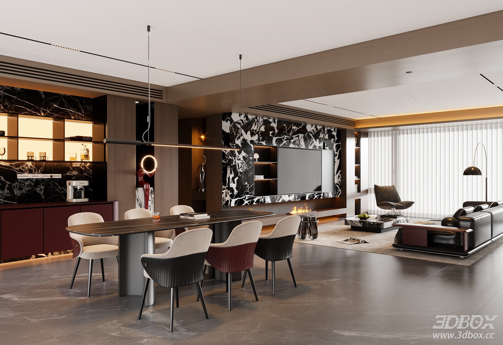 Modern Italian Style Living and Dining Room Scene 3D model - front view