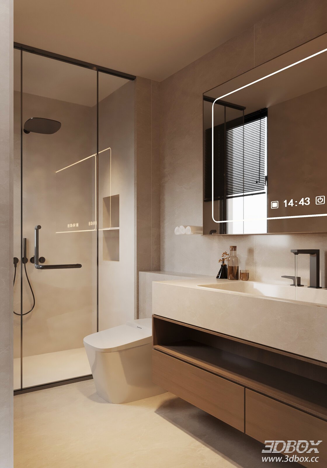 Wabi Sabi Style Wet Dry Separation Modern Bathroom 3D model - front view