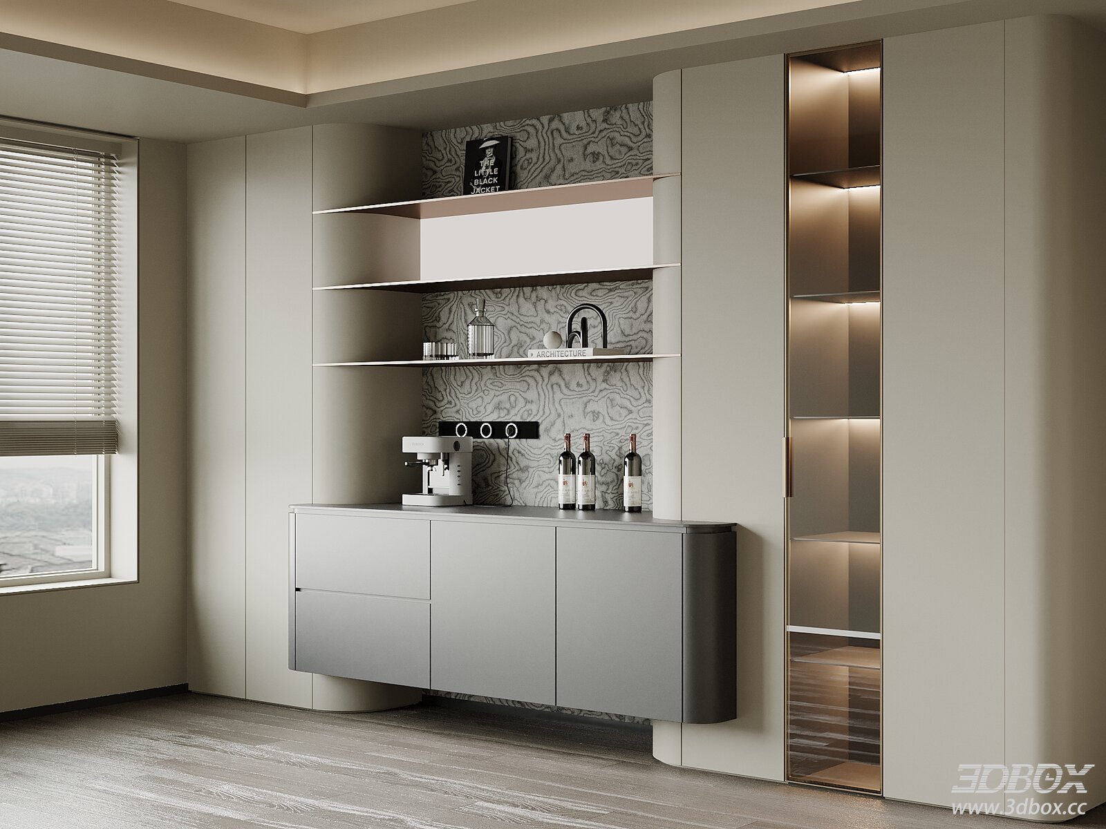 Modern Minimalist Wine Cabinet Sideboard with Display Shelves 3D model - front view
