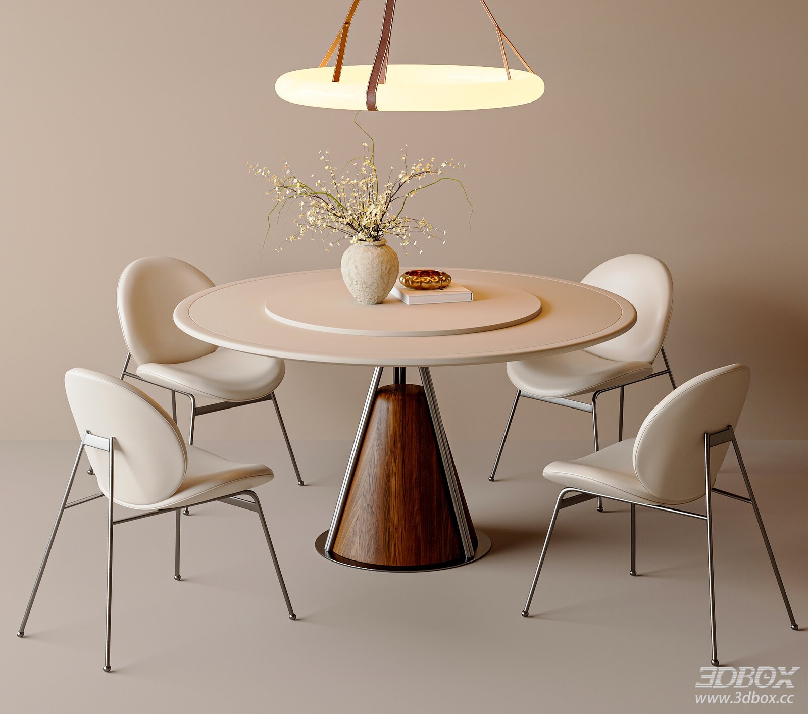 Mid Century Modern Round Dining Table and Chairs Set 3D model - front view