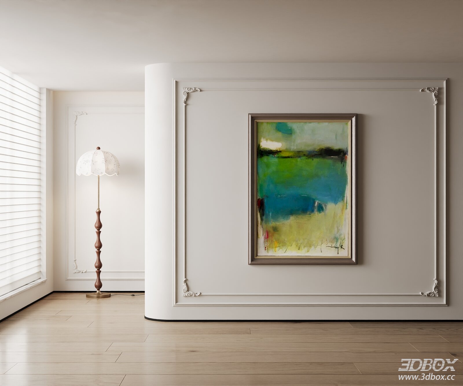 Modern Minimalist Carpet Scene With Floor Lamp And Abstract Painting 3D model - front view
