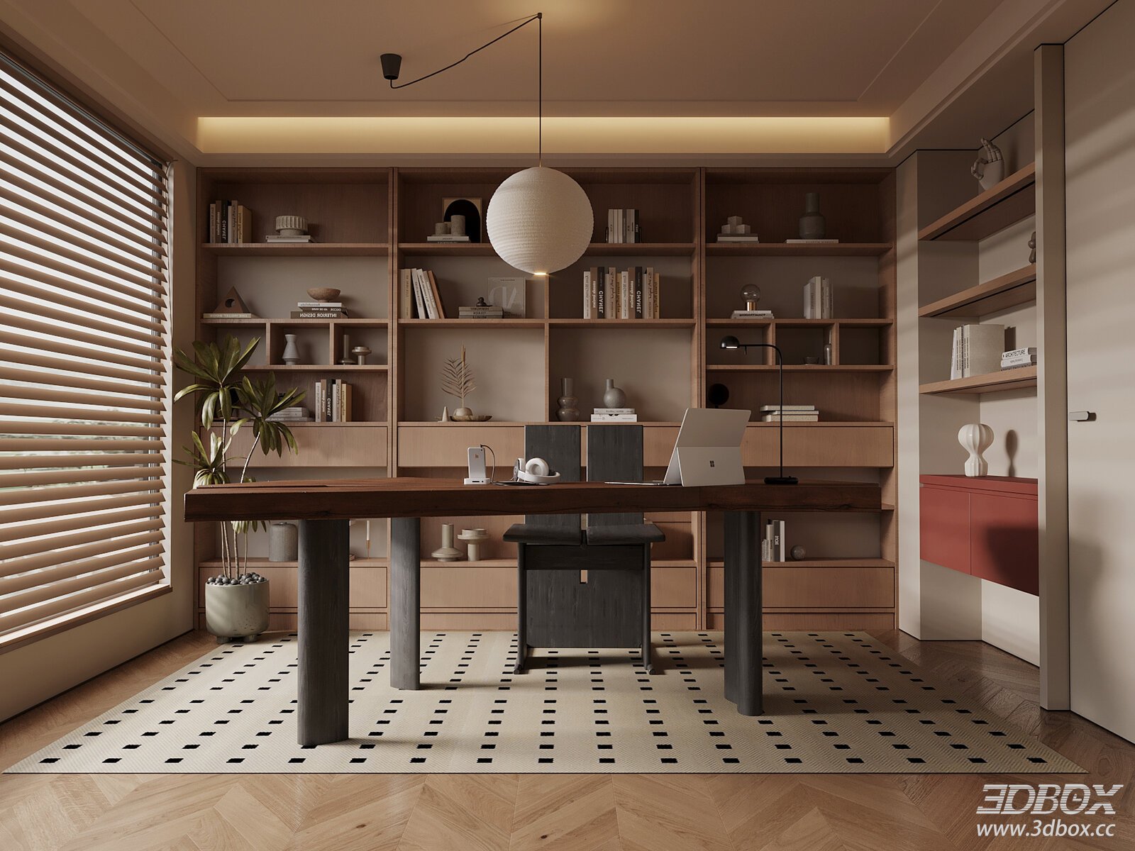 Mid-century Modern Work Room with Wooden Bookshelf and Desk 3D model - front view