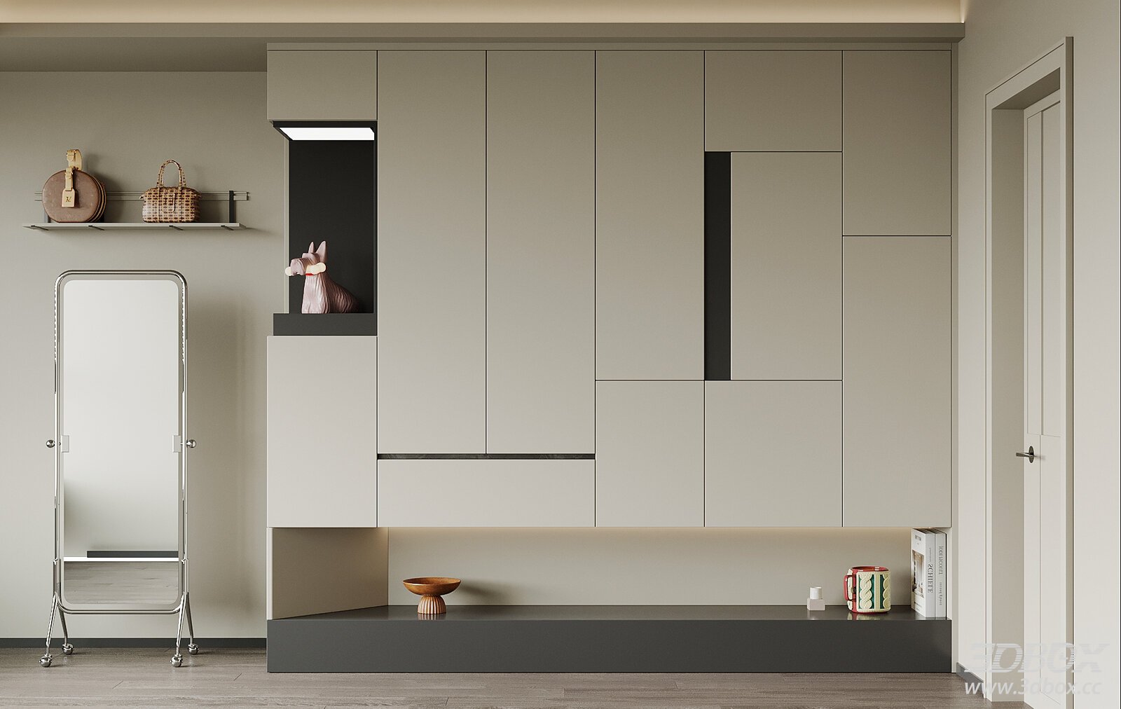 Modern Minimalist Hallway Shoe Cabinet with Full Length Mirror 3D model - front view