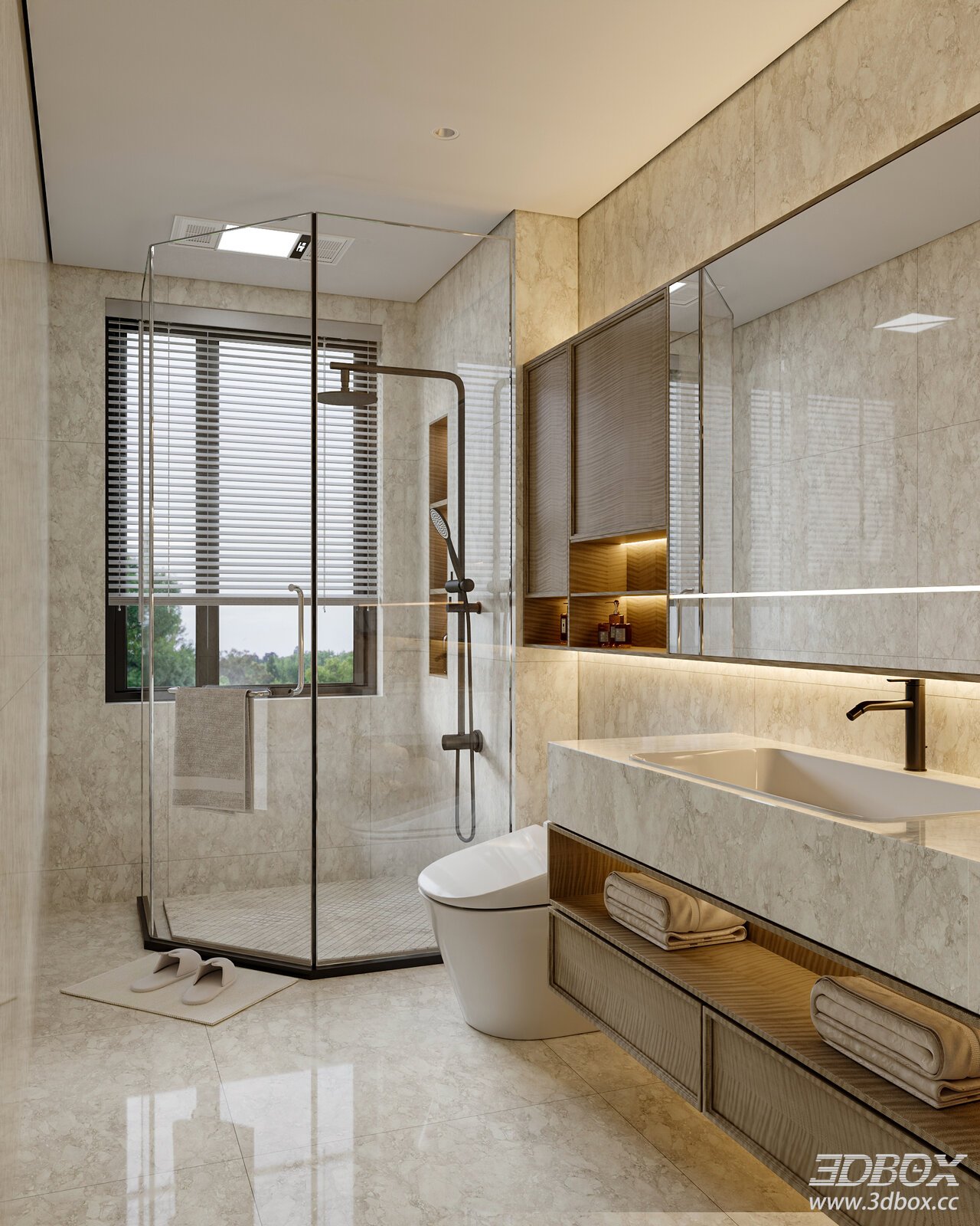 Vintage Modern Marble Bathroom Interior Scene 3D model - front view