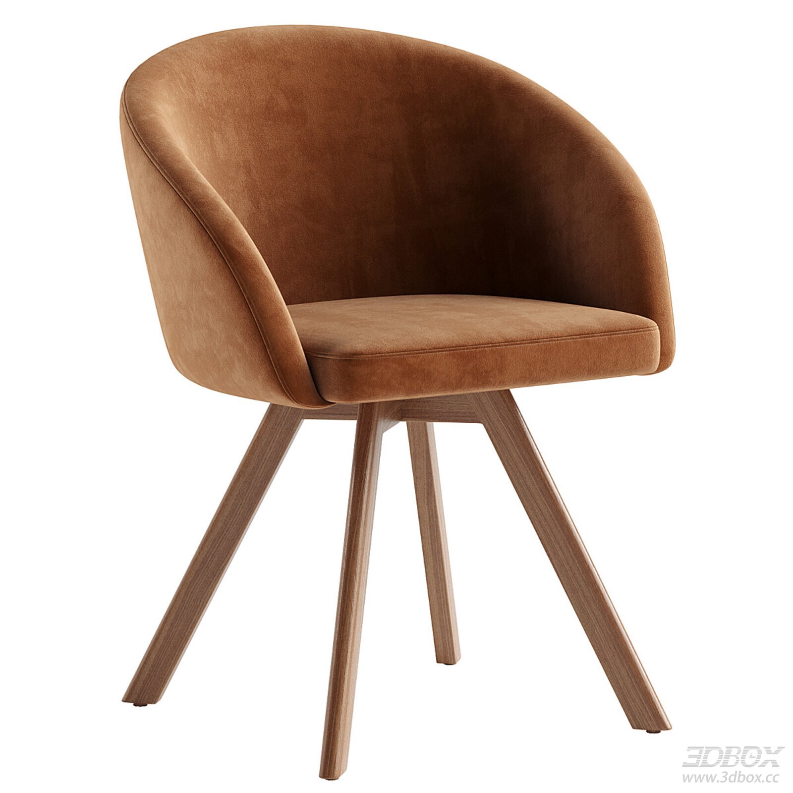 Modern Velvet Upholstered Armchair with Wooden Legs 3D model - front view