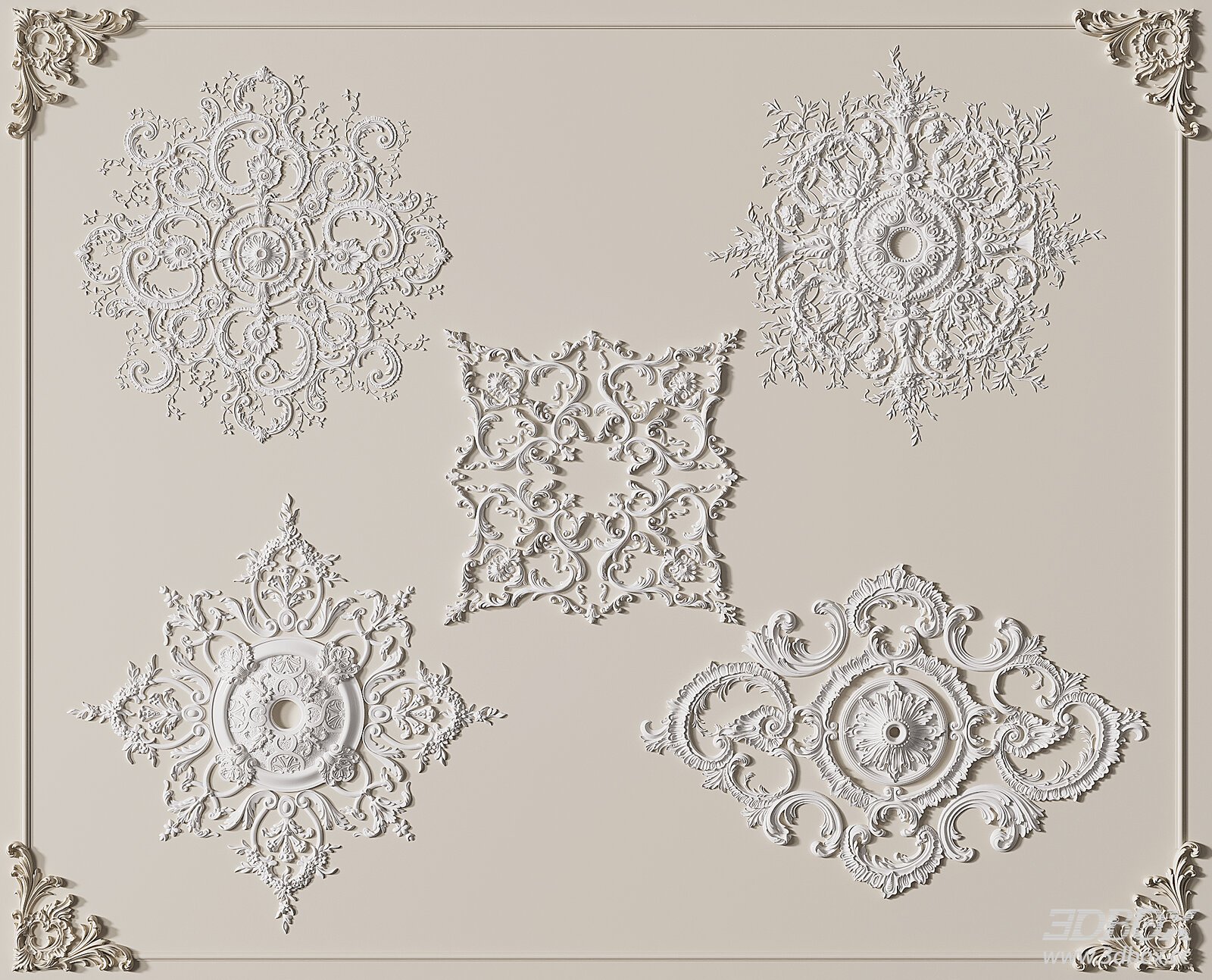 French Style Ornate Gypsum Decorative Plaster Ceiling Rosette Set 3D model - front view