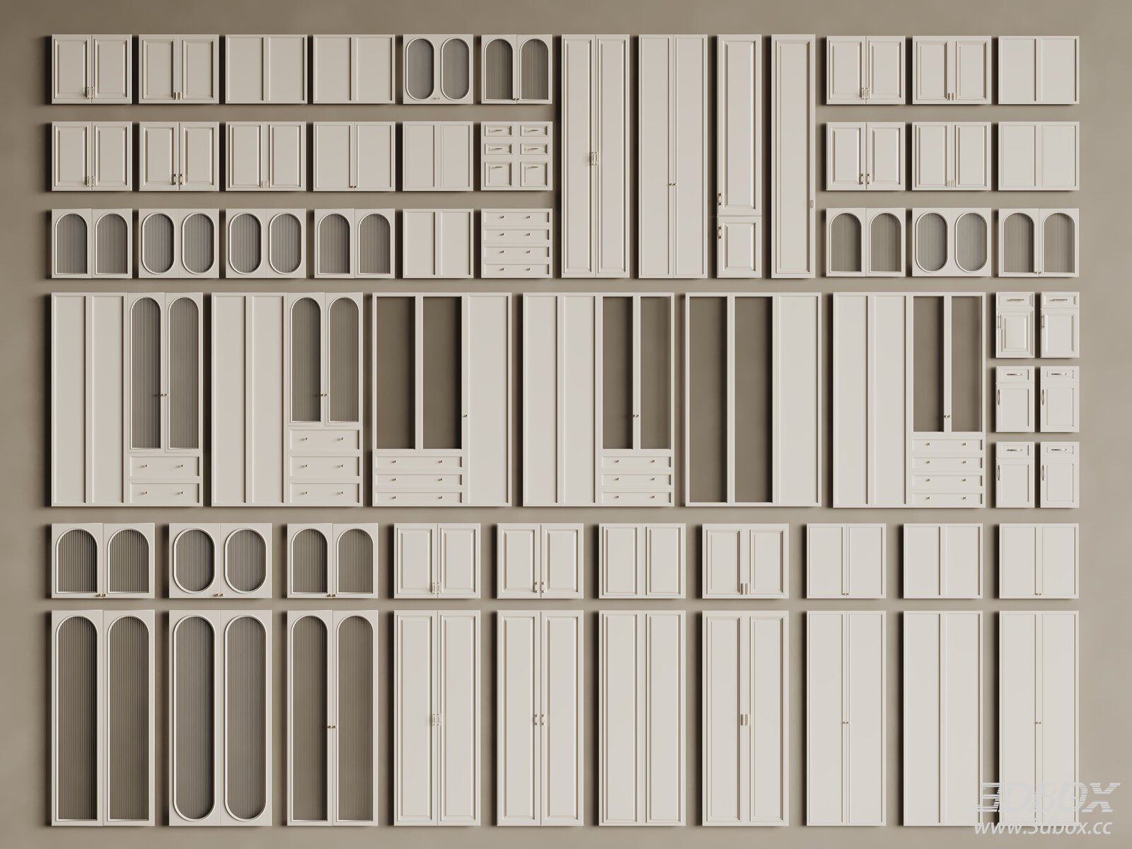 French Style Cabinet Door Set, Modern Classic White Cabinet Panels 3D model - front view