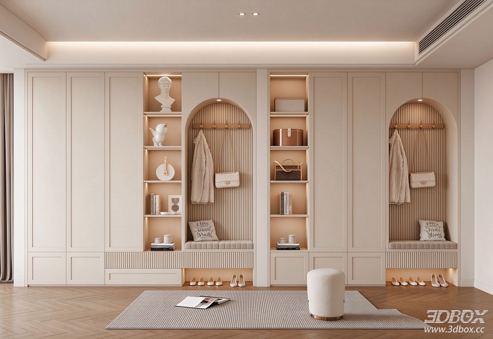 Cream Style Modern Built-in Hallway Cabinet 3D model - front view