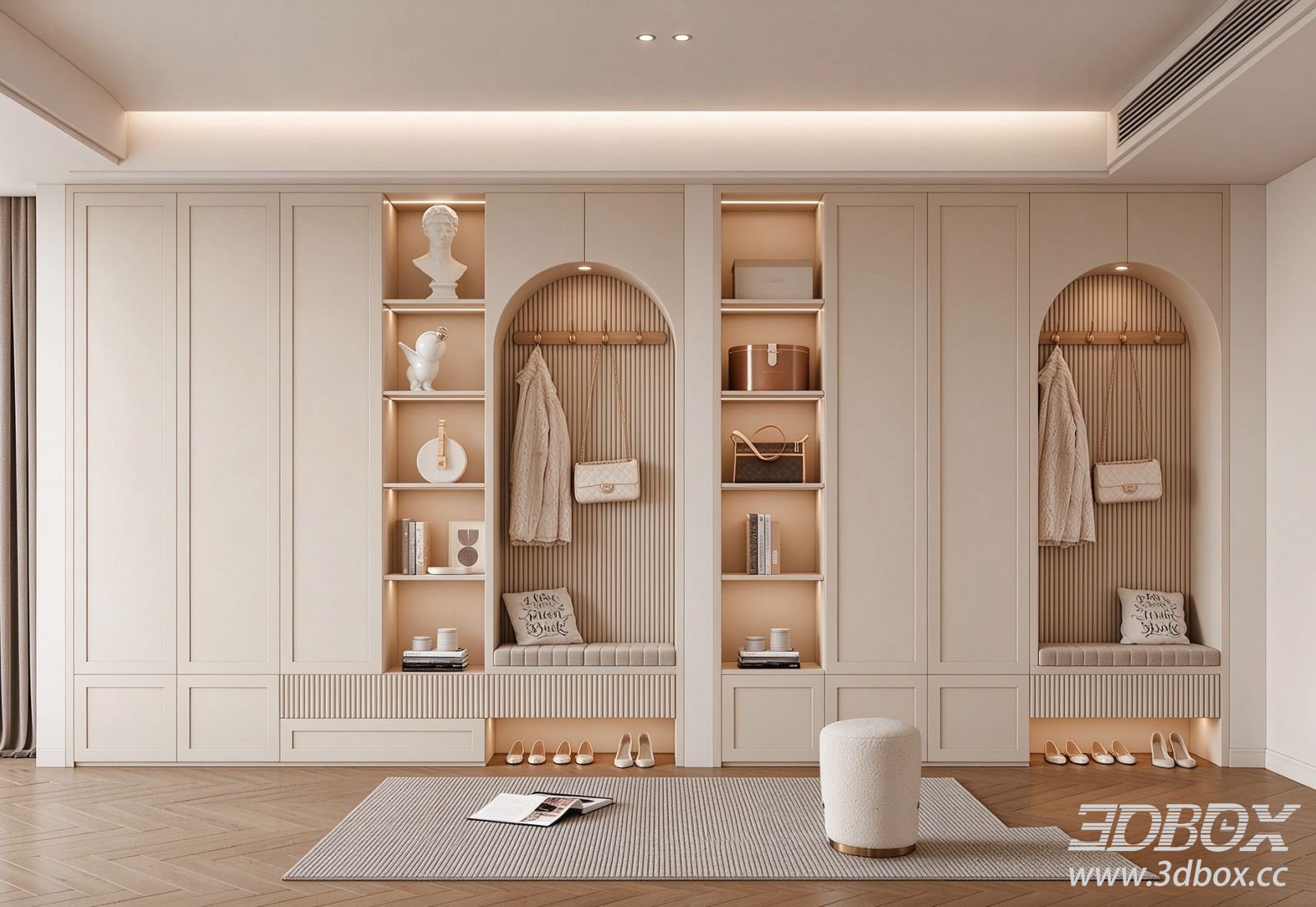 Cream Style Modern Built-in Hallway Cabinet 3D model - thumbnail 1