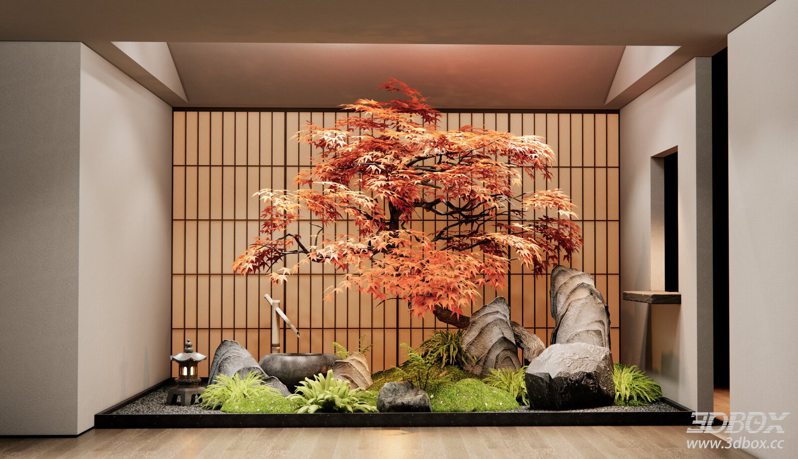 Japanese Style Indoor Zen Garden with Red Maple and Rockery 3D model - front view