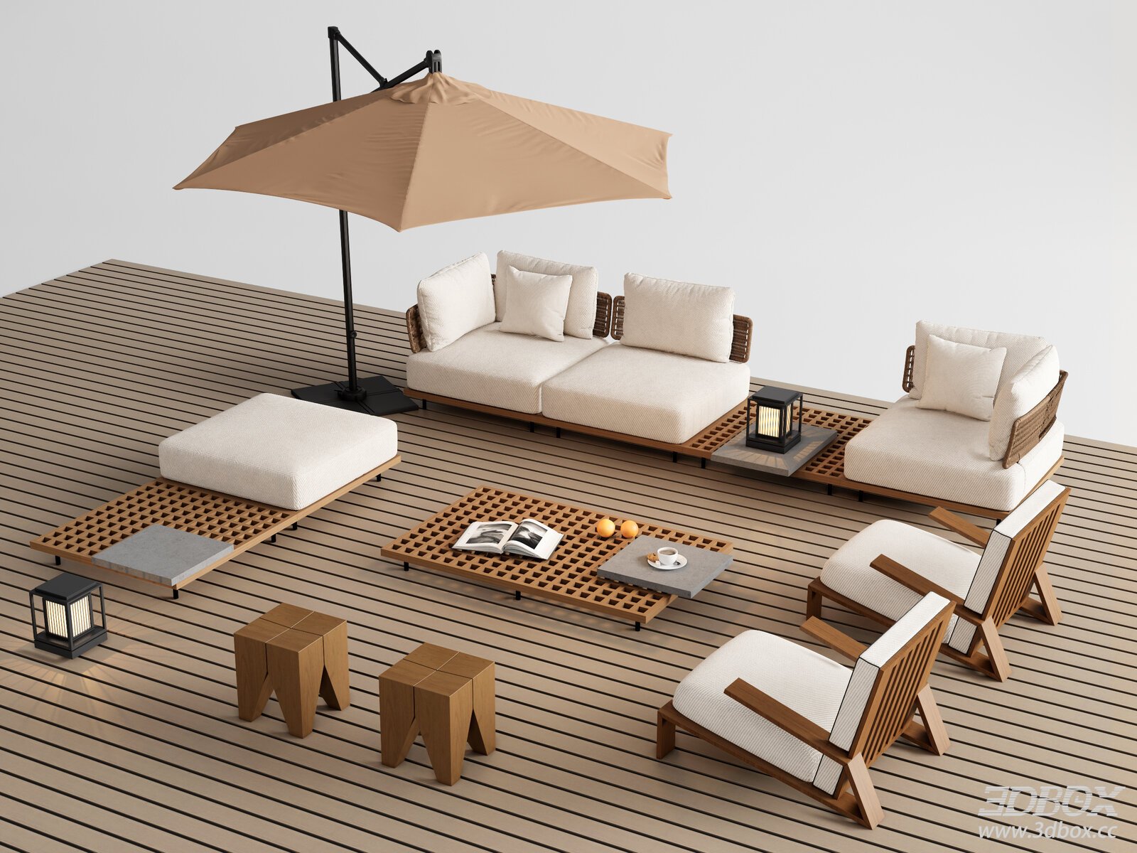 Modern Outdoor Patio Sofa Lounge Set with Teak Wood and Parasol 3D model - front view