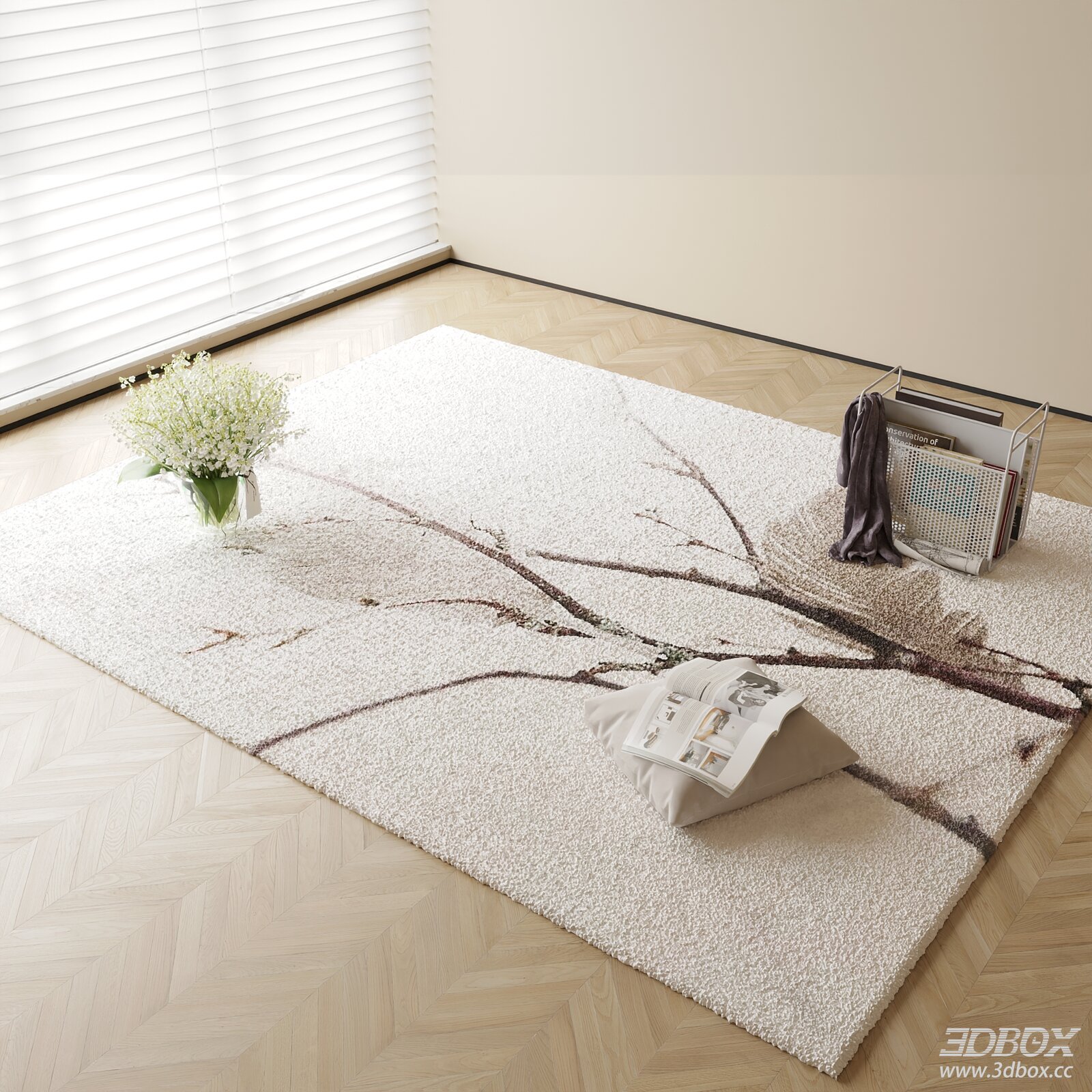 Modern Branch Pattern Soft Shaggy Carpet 3D model - front view