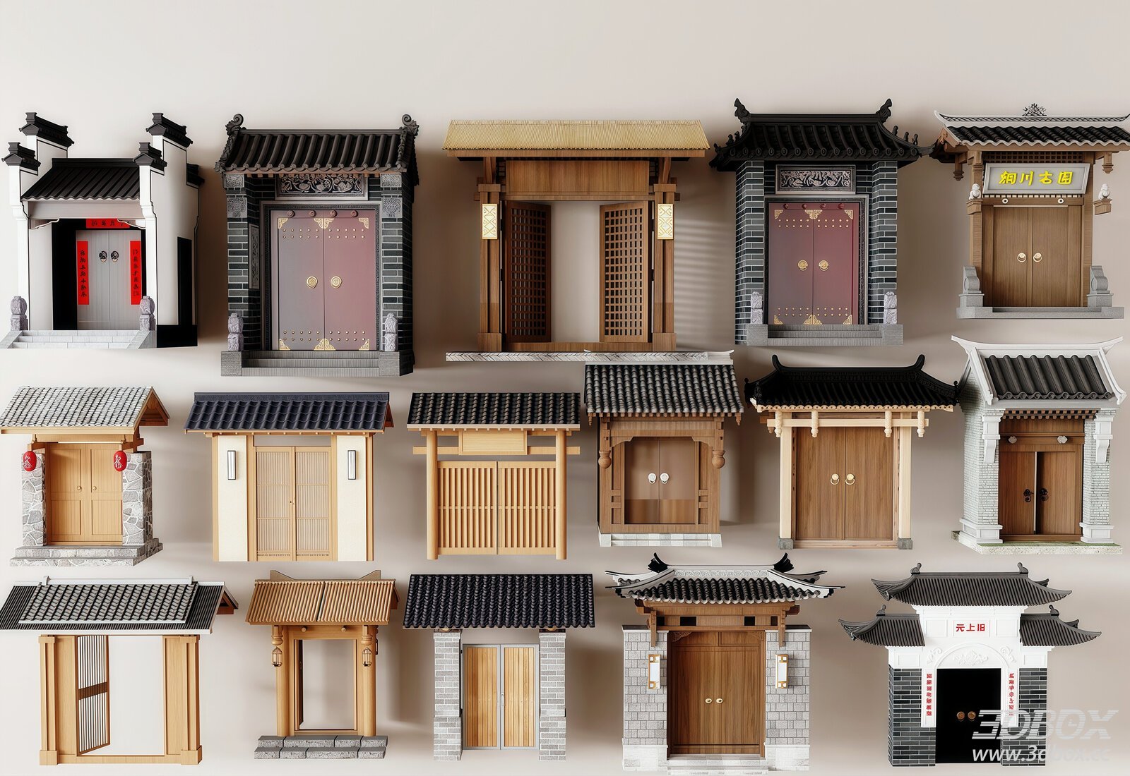 Traditional Chinese Courtyard Door Set 3D model - front view