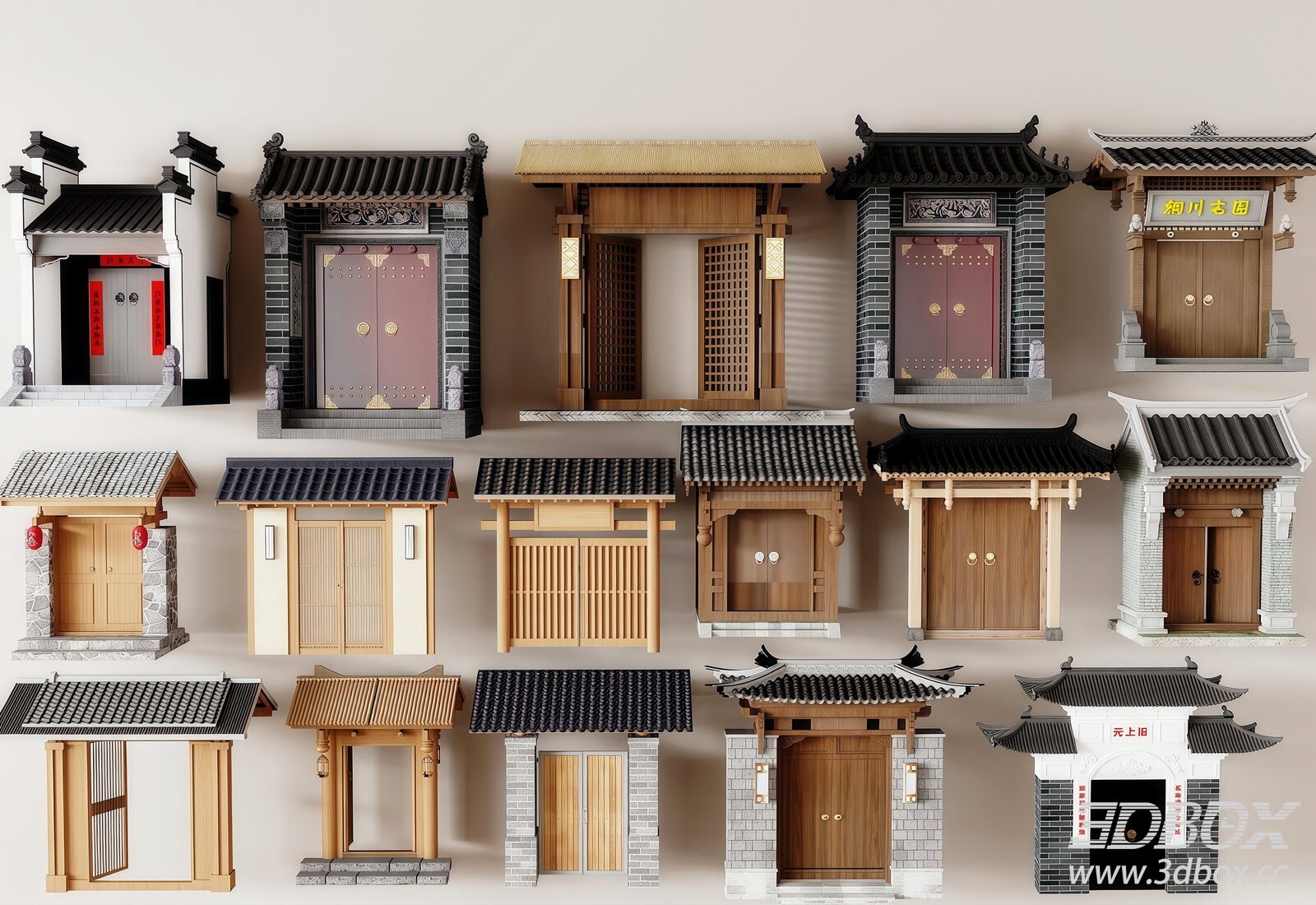 Traditional Chinese Courtyard Door Set 3D model - thumbnail 1