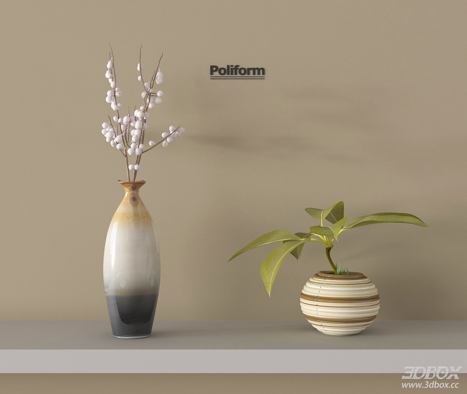 Mid-century Modern Ceramic Vase Set with Floral and Plant Decor 3D model - front view