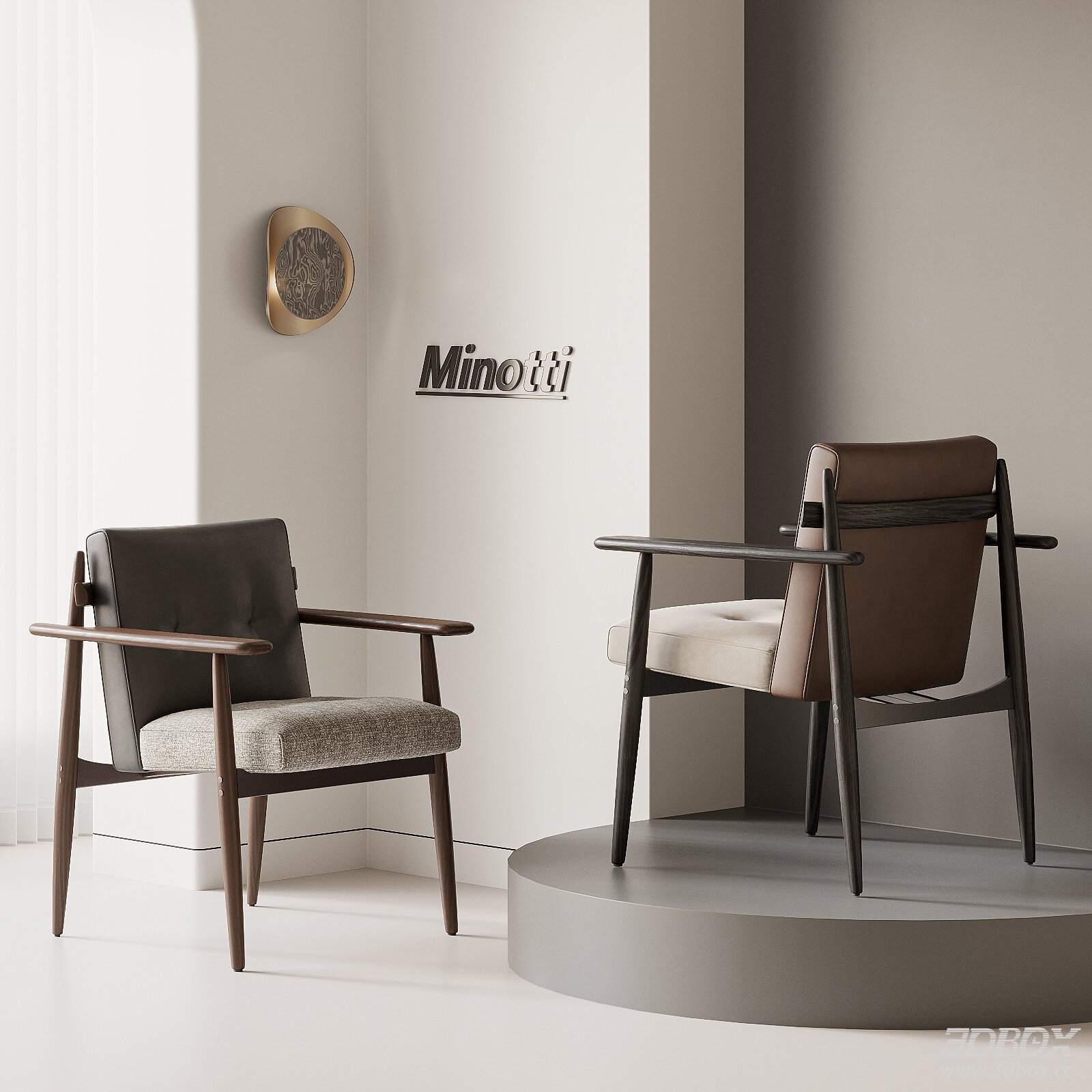 Modern Minotti Armchair Set Leather Fabric Wooden Dining Chairs 3D model - front view