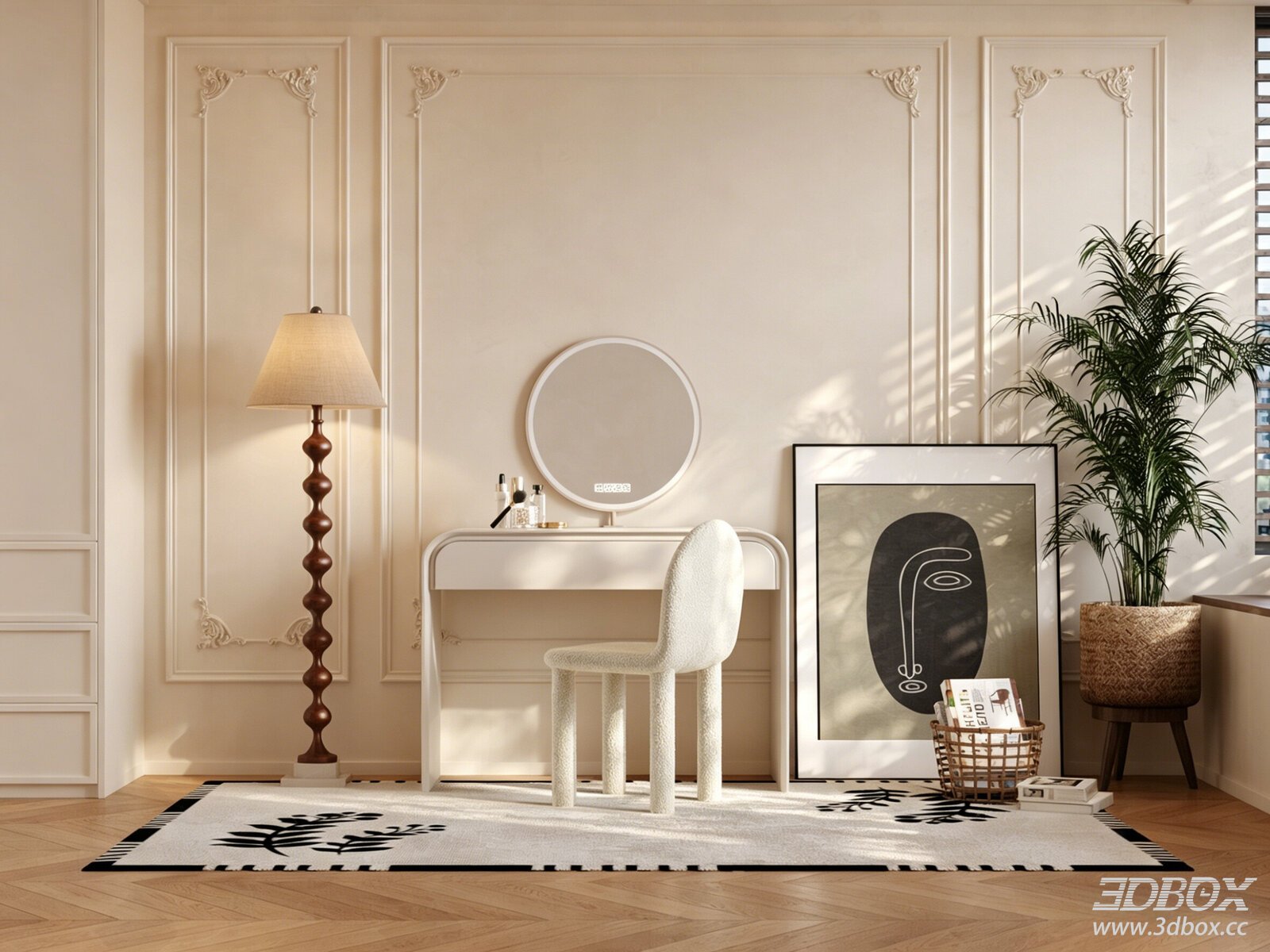 Nordic Cream Style Dressing Table with Boucle Chair Set 3D model - front view