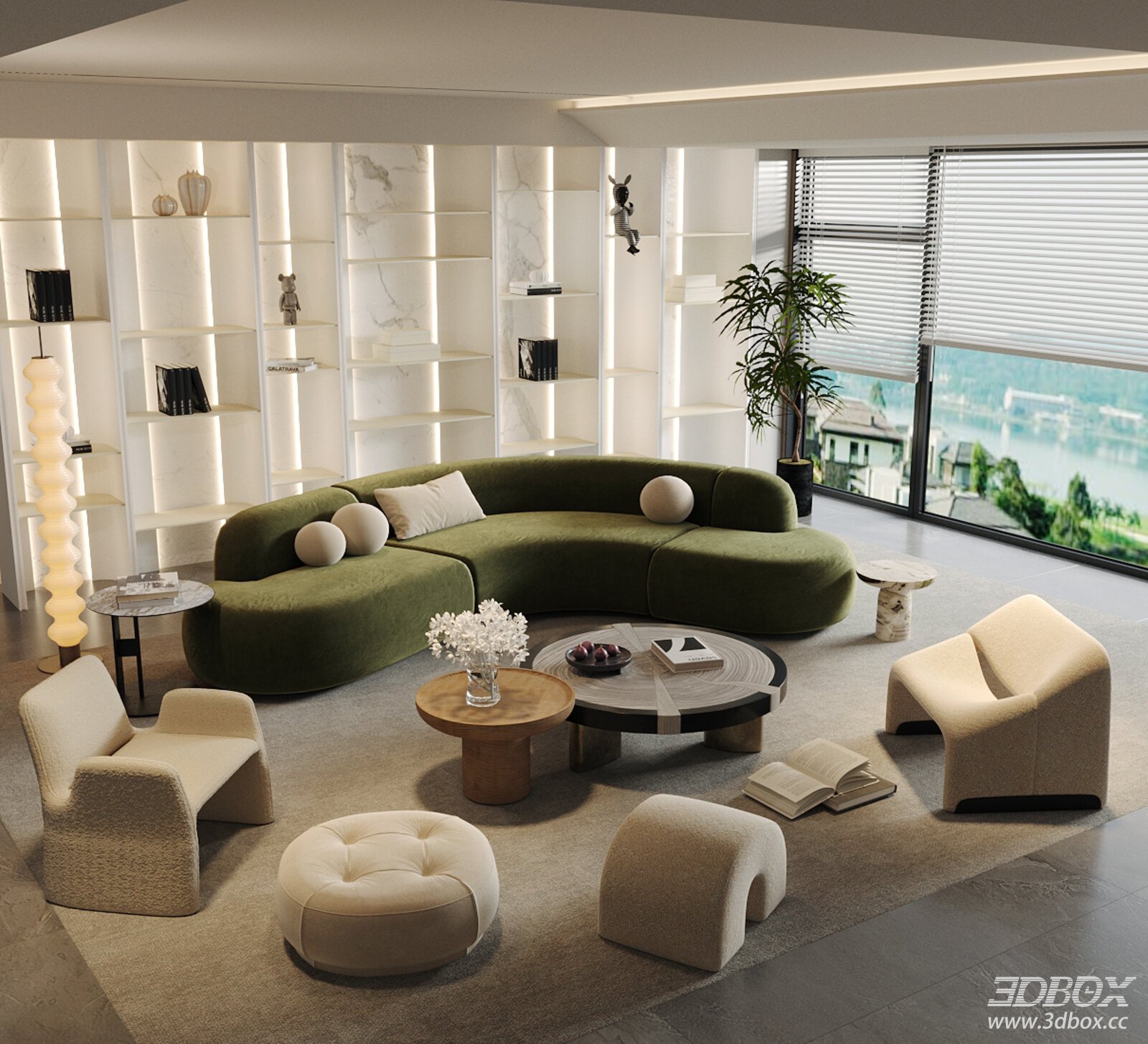 French Luxury Cream Style Curved Sofa Living Room Set 3D model - front view