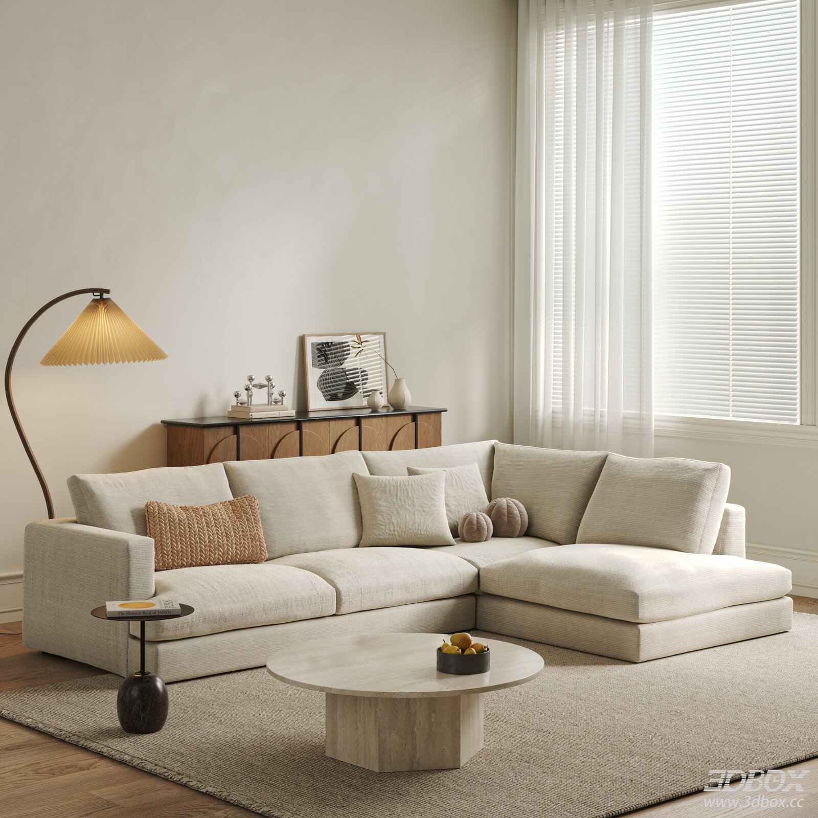 Modern Cream Style Living Room Sofa and Coffee Table Set 3D model - front view