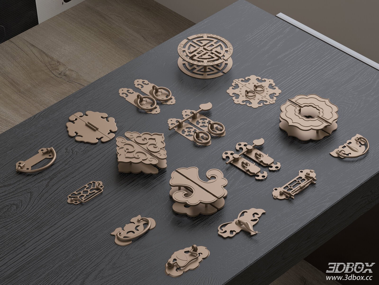 Chinese Style Brass Door and Cabinet Handles Set 3D model - front view