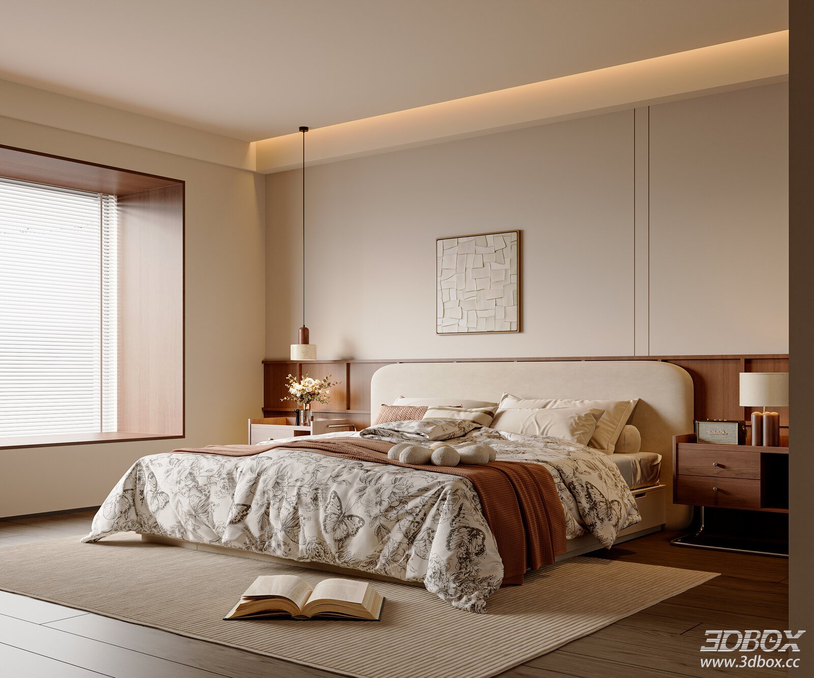 Mid-century modern master bedroom interior scene 3D model - front view