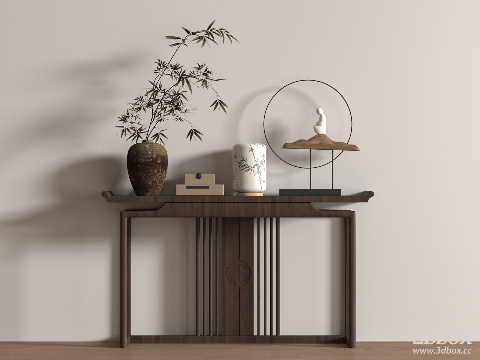 New Chinese Style Solid Wood Console Table Decor Set 3D model - front view