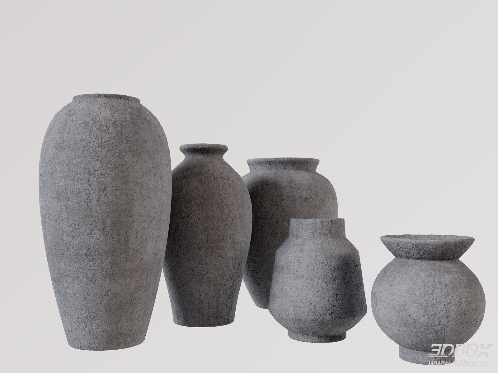 Set of Textured Concrete Decorative Vases 3D model - front view