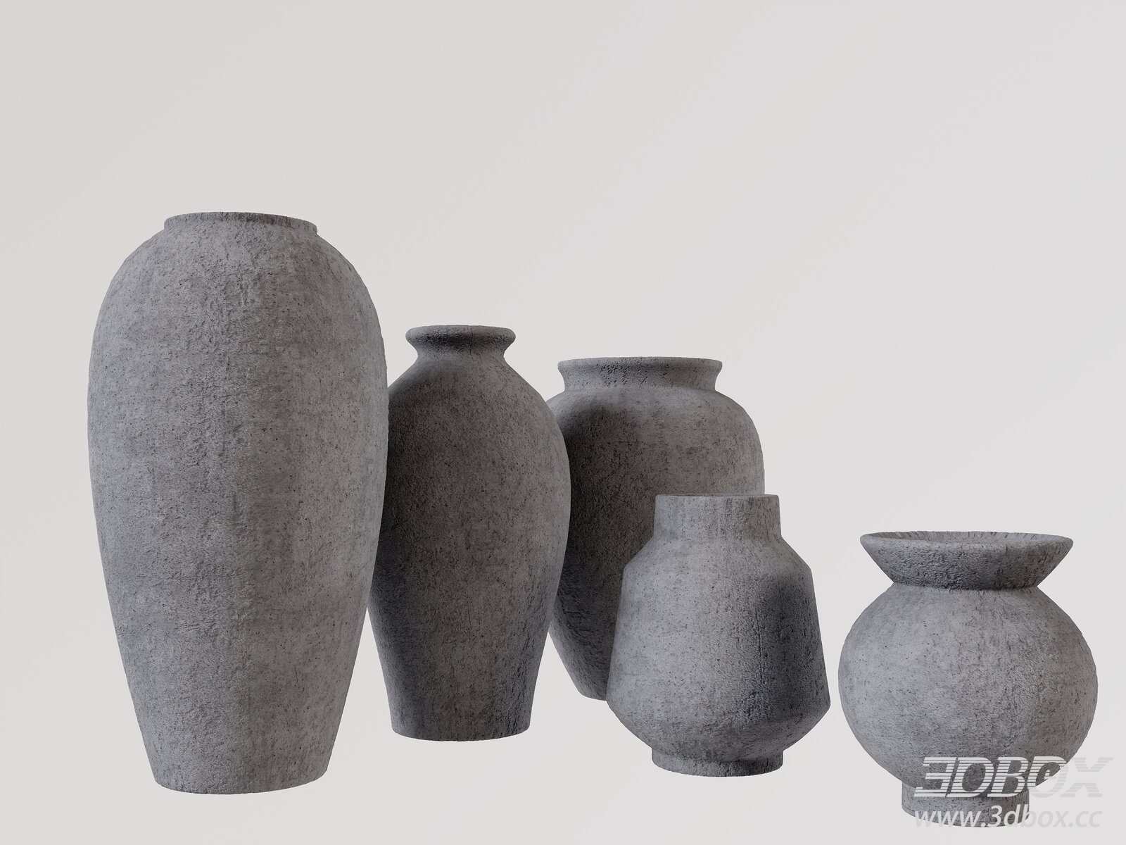 Set of Textured Concrete Decorative Vases 3D model - thumbnail 1