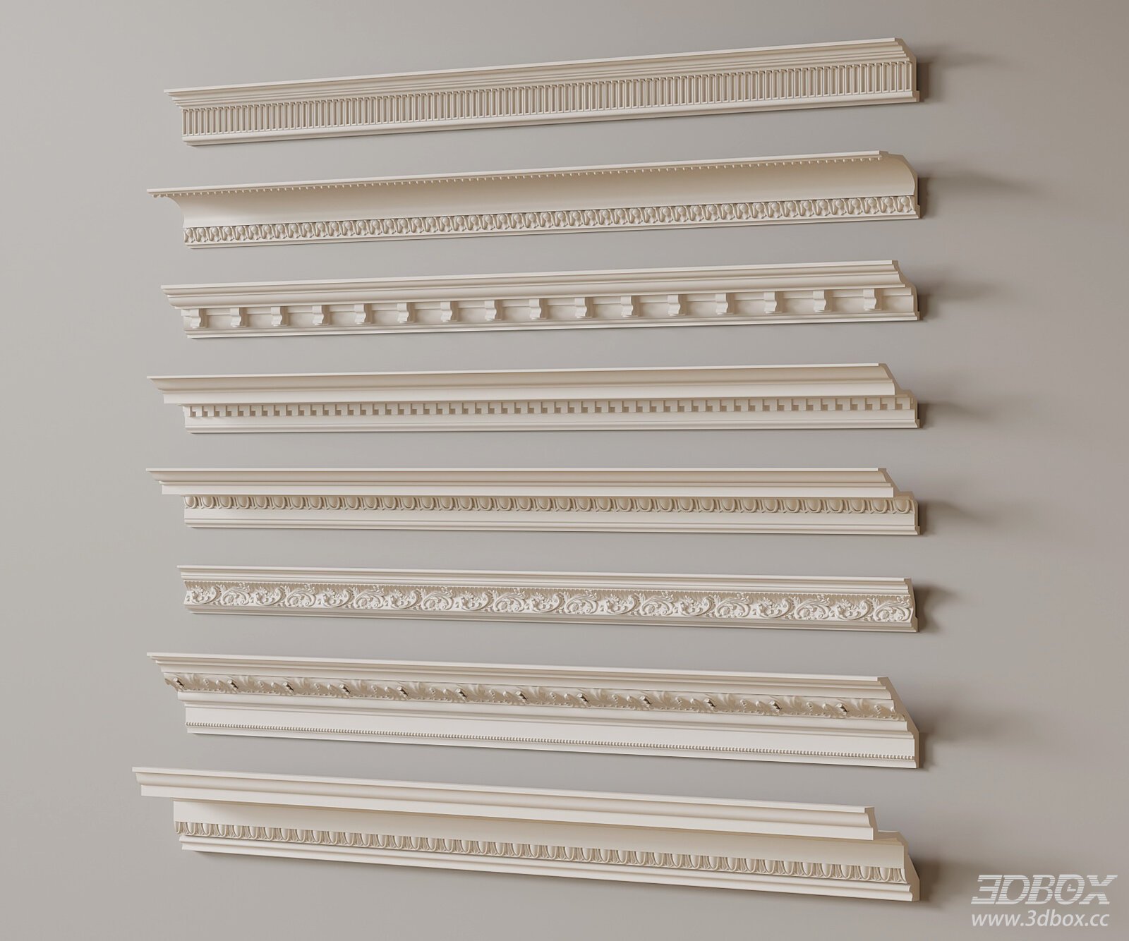 Classic French Style Plaster Cornice Set Decorative Molding 3D model - front view