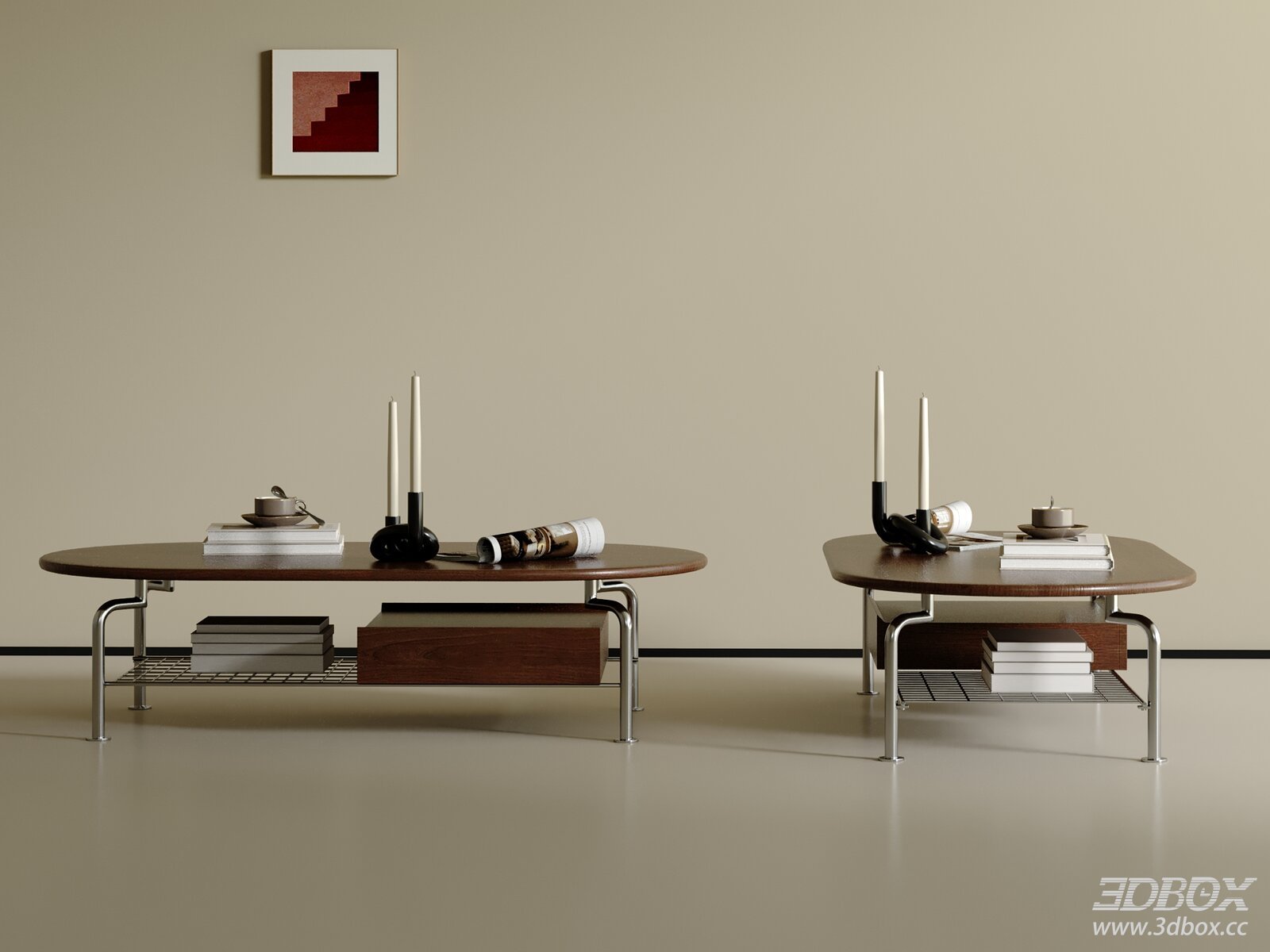 Modern Wooden Top Metal Leg Coffee Table Set 3D model - front view