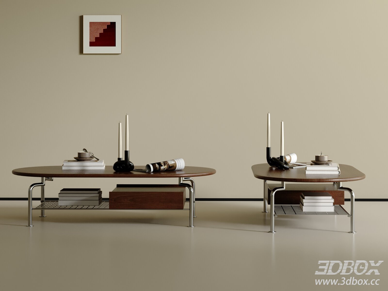 Modern Wooden Top Metal Leg Coffee Table Set 3D model - thumbnail 1