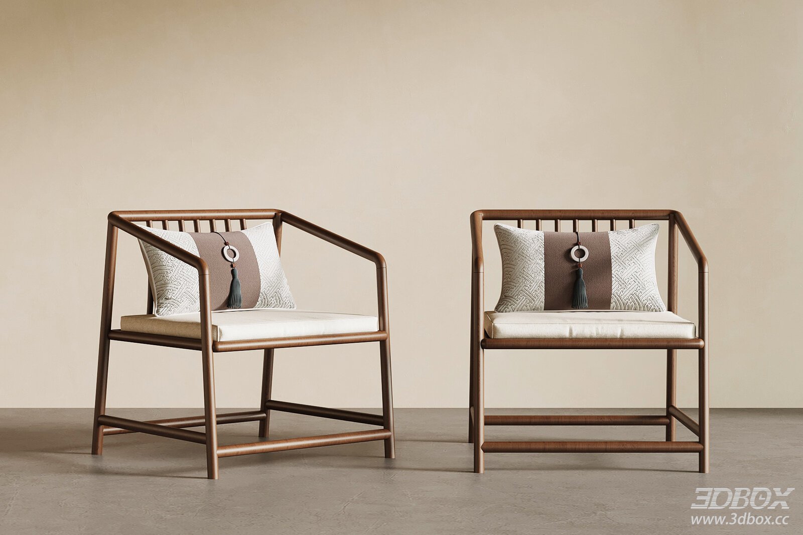 New Chinese Style Wooden Armchair Set with Cushions 3D model - front view