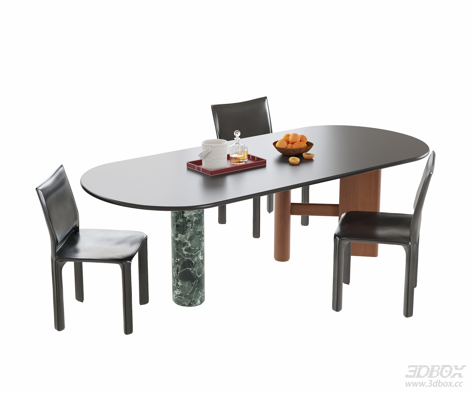 Modern Oval Dining Table and Leather Chairs Set 3D model - front view