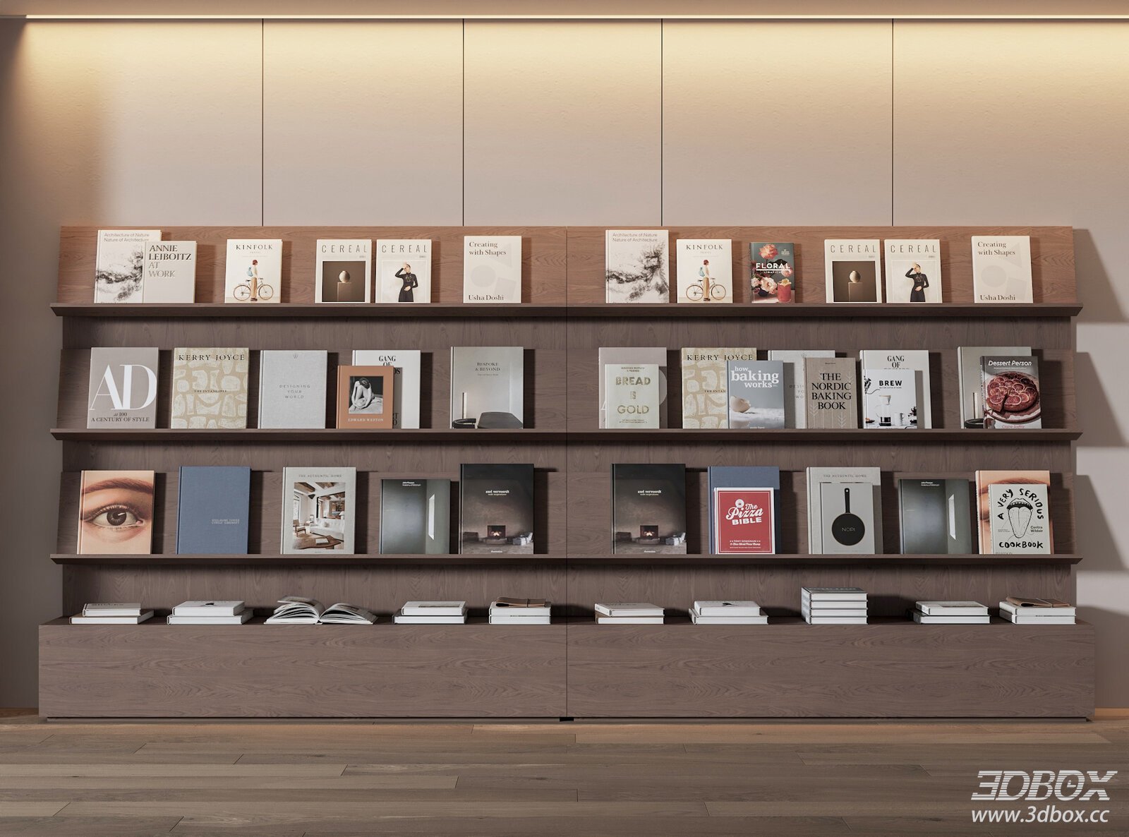 Modern Wooden Wall Book Shelf with Decorative Books 3D model - front view