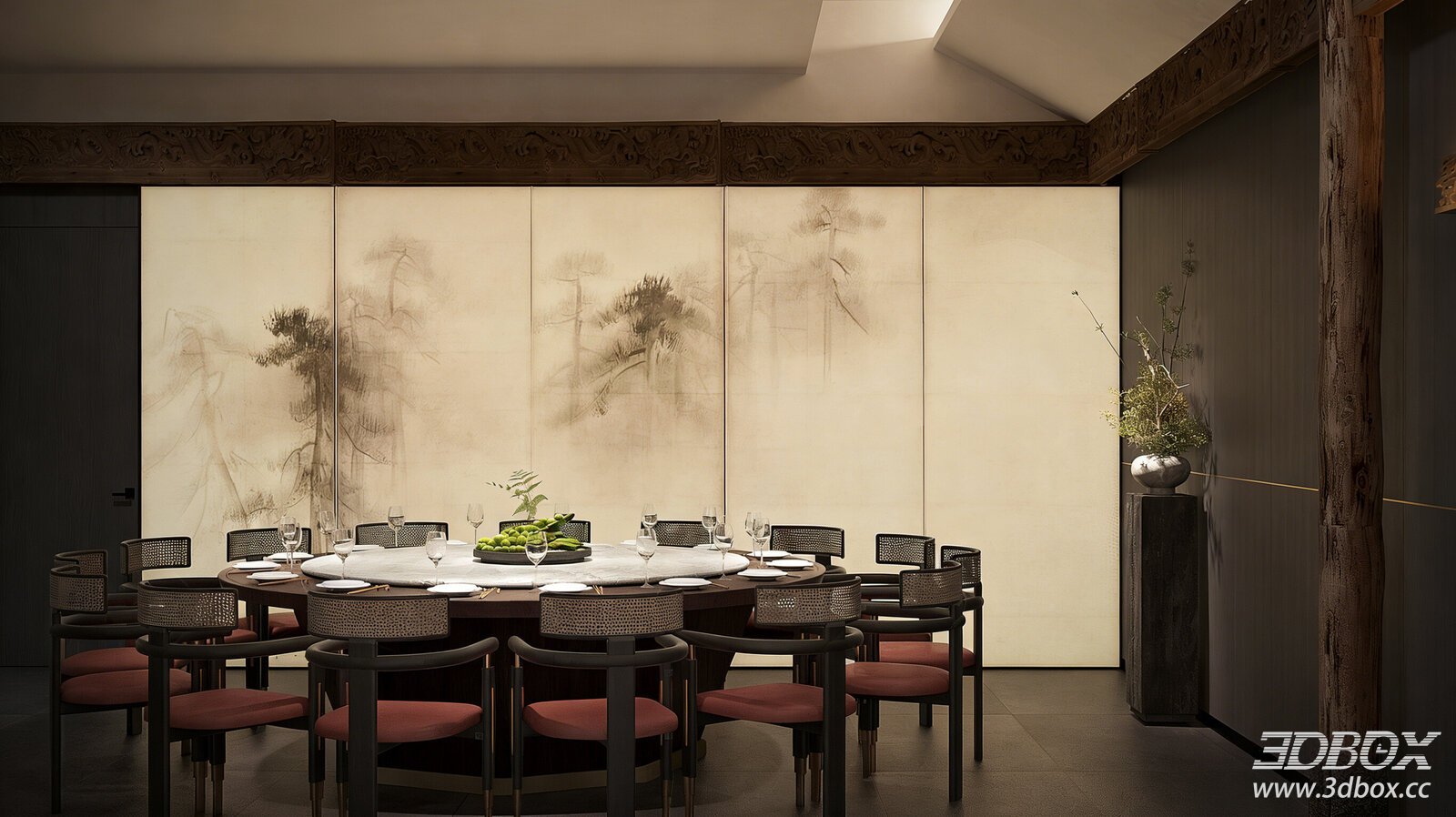 Modern Chinese Style Private Restaurant Dining Room 3D model - front view